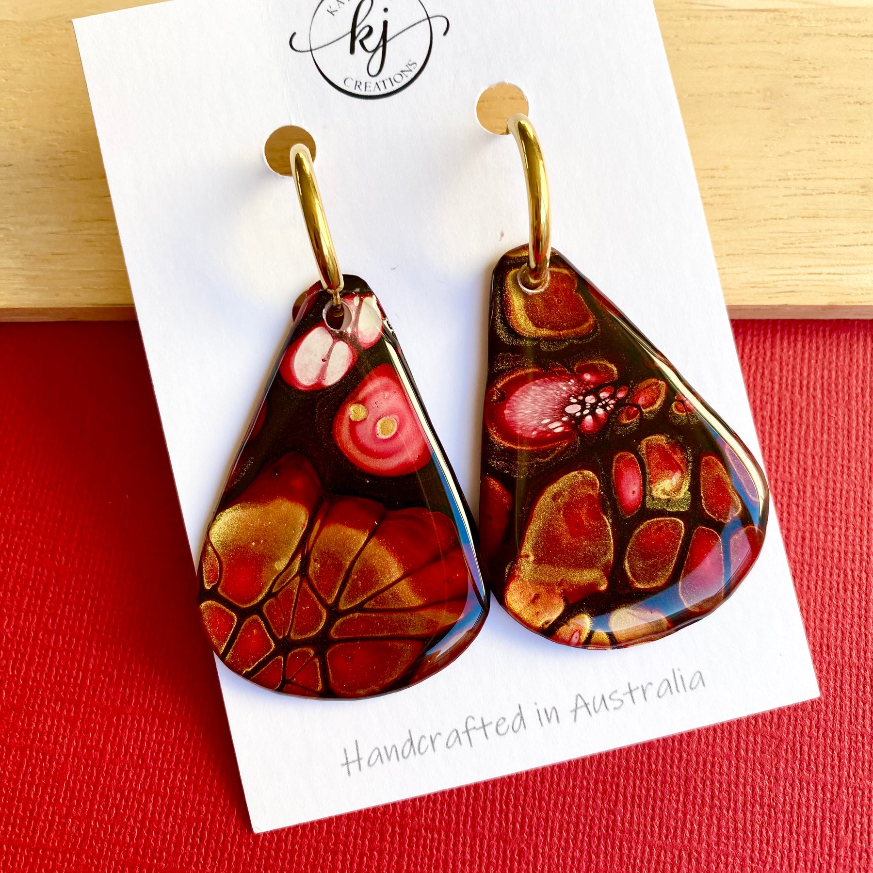 Burgundy and Gold Original Abstract Art Earrings