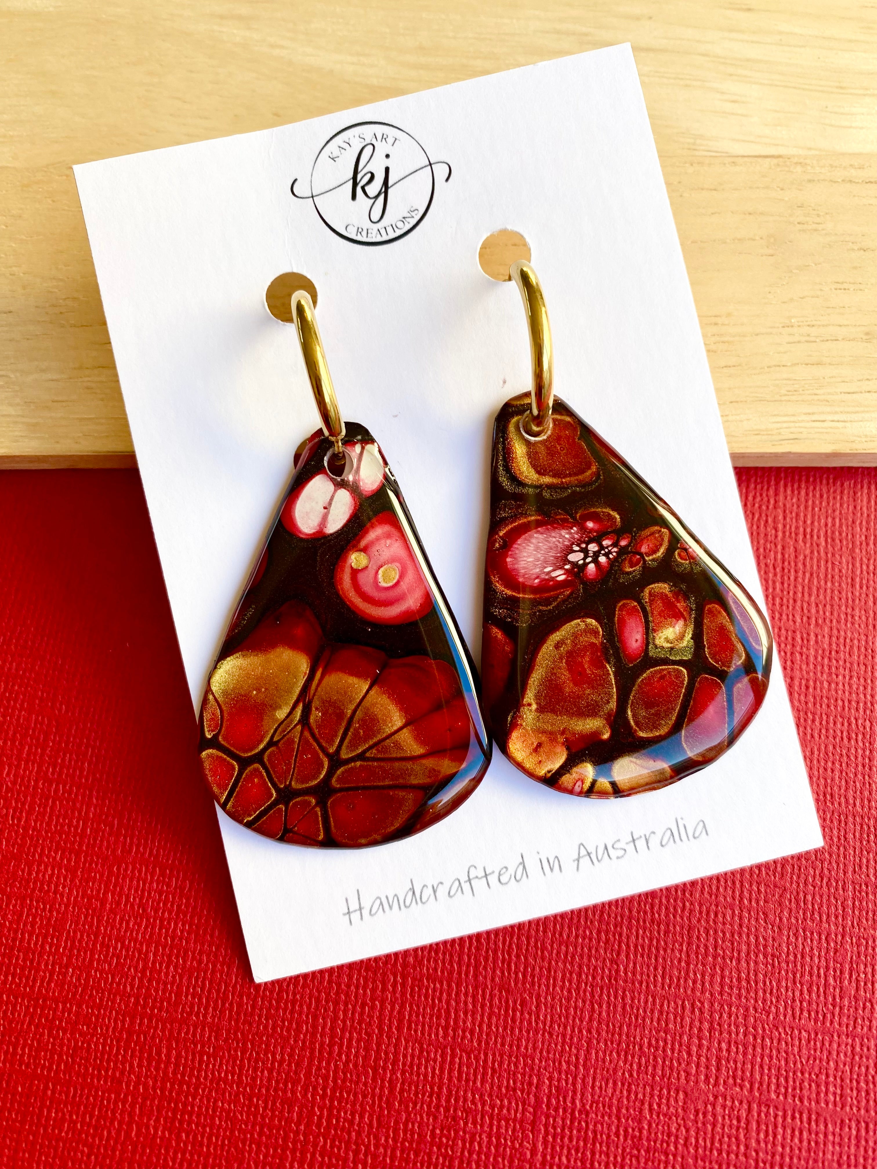 Burgundy and Gold Original Abstract Art Earrings