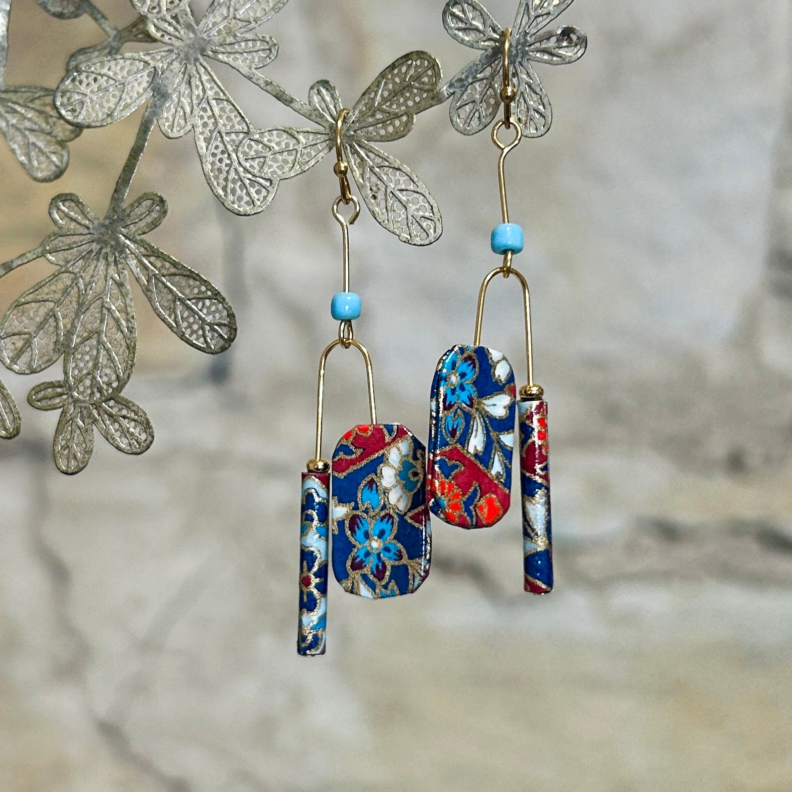 Earrings Floral Blue Red Gold Lightweight - EB-122