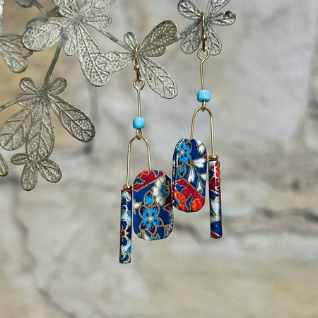 Earrings Floral Blue Red Gold Lightweight - EB-122