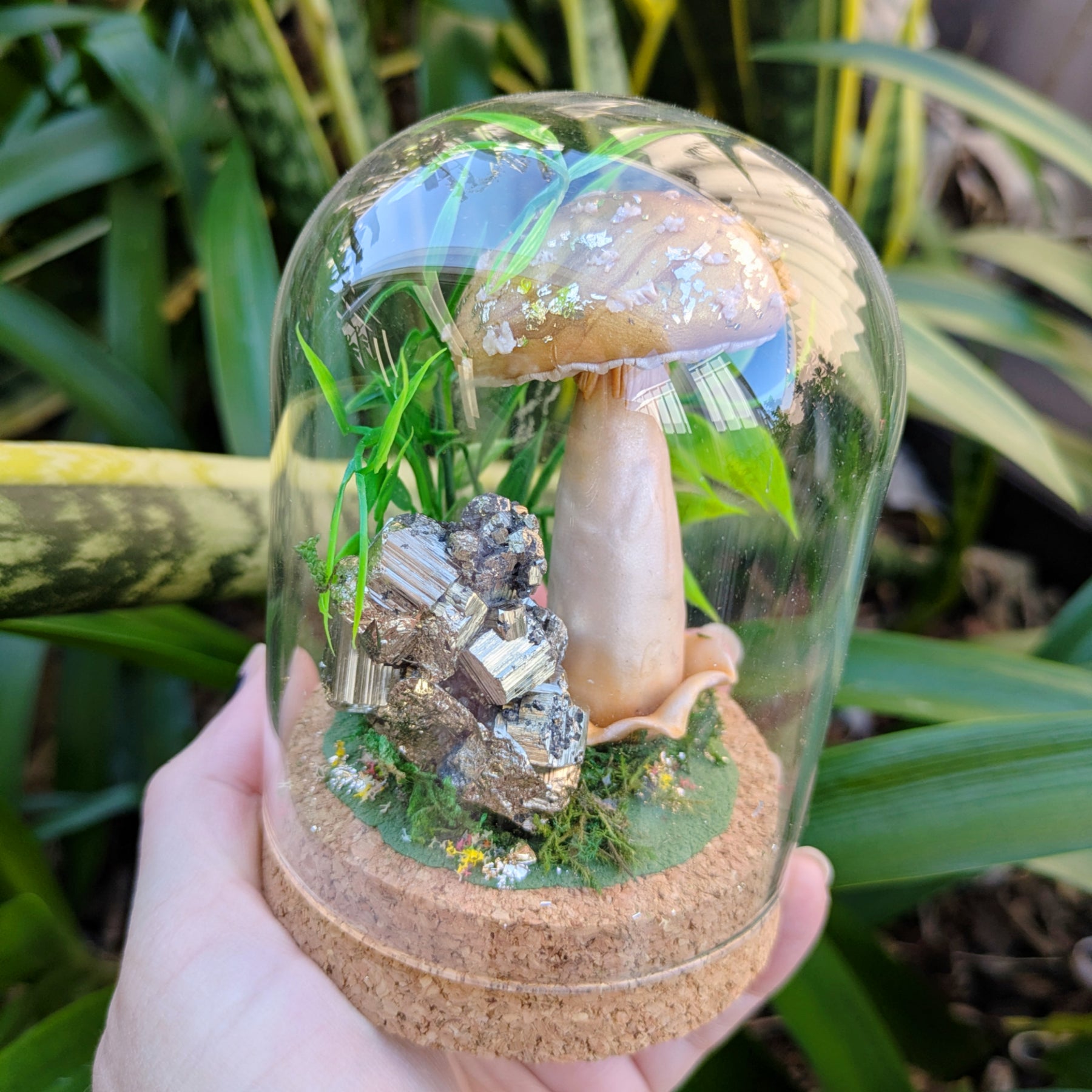 Golden Woodland Mushroom with Pyrite crystal in Glass dome