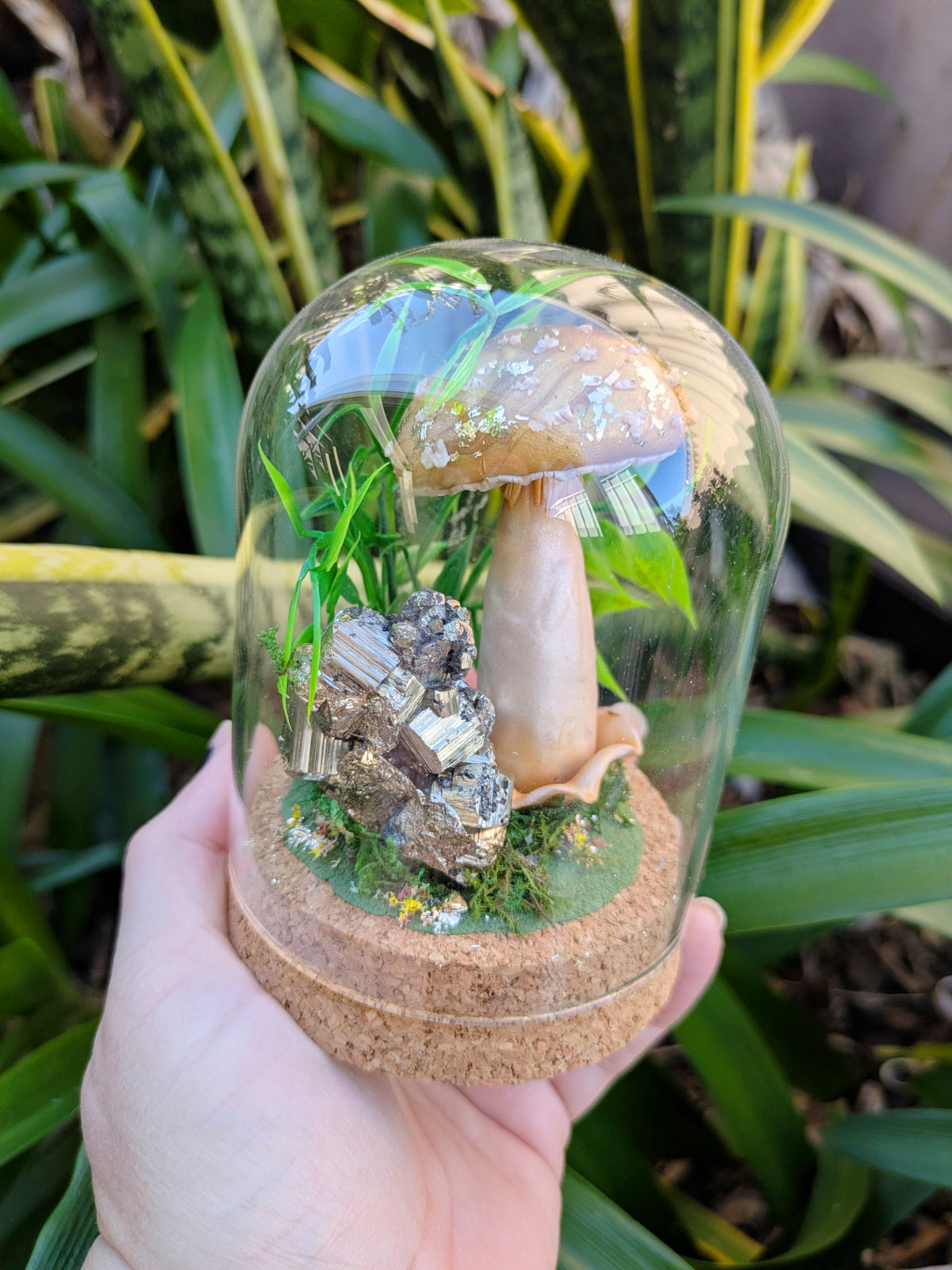 Golden Woodland Mushroom with Pyrite crystal in Glass dome