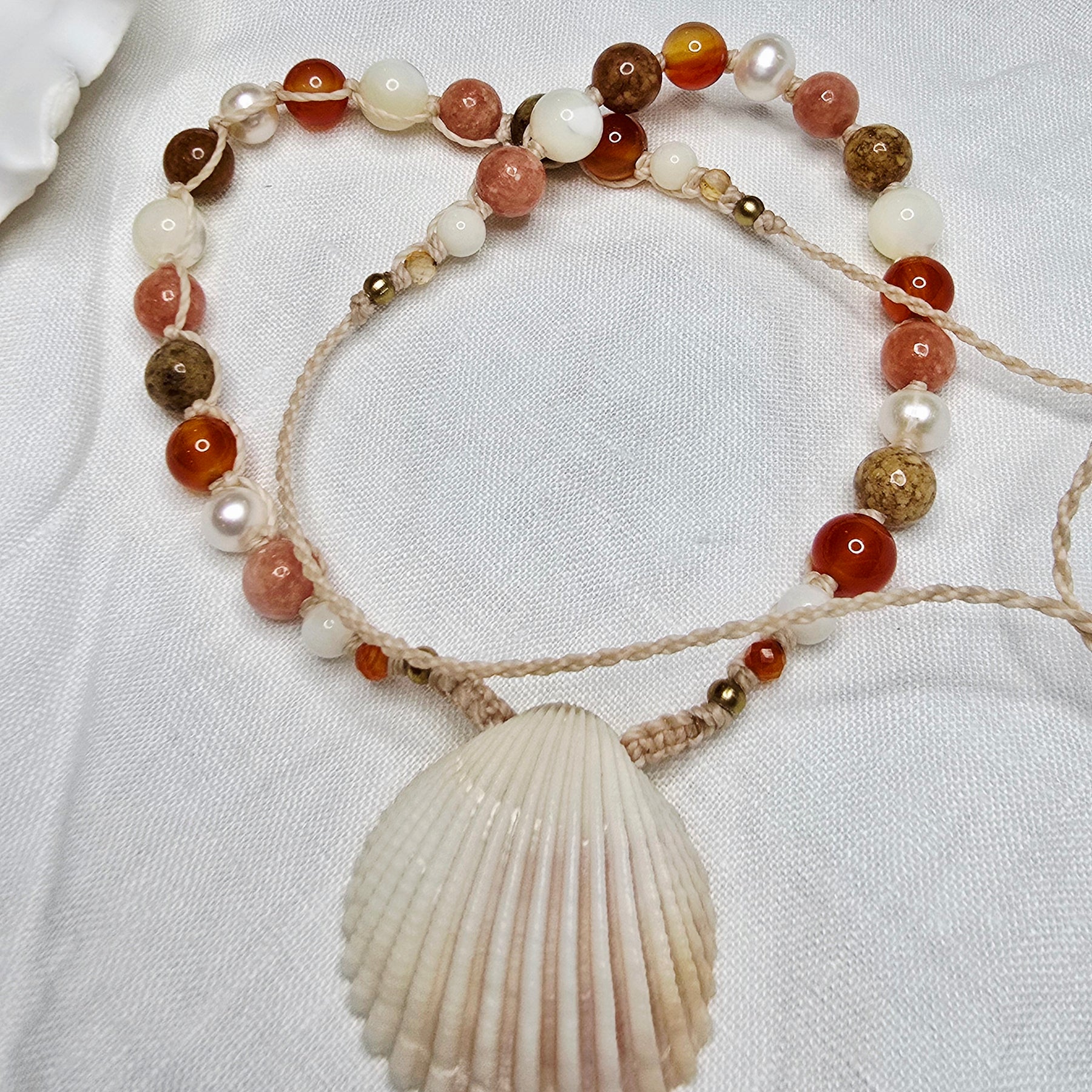 Cockle Shell Necklace Adjustable with Pearls and Rare Ocean Agate