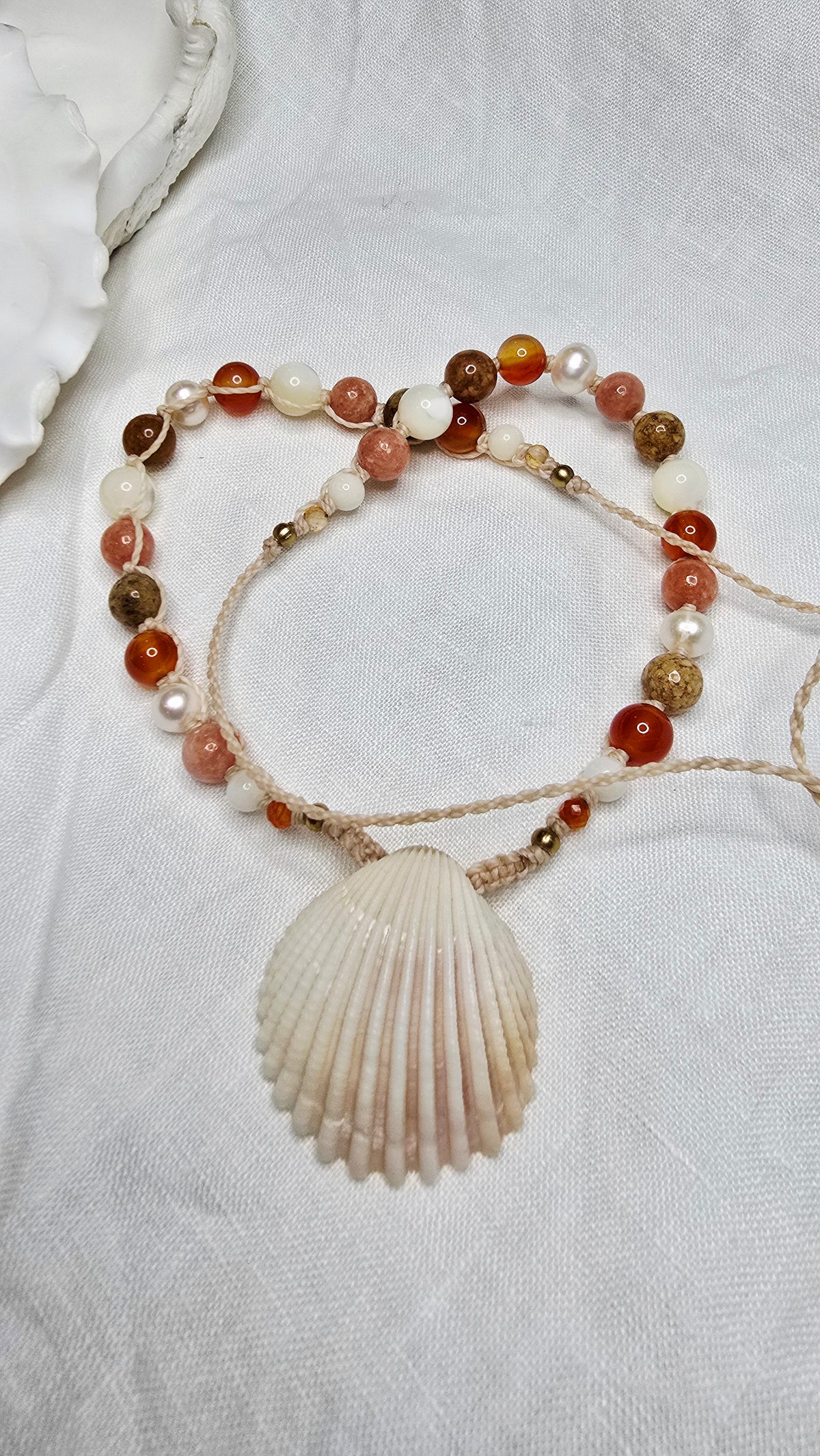 Cockle Shell Necklace Adjustable with Pearls and Rare Ocean Agate