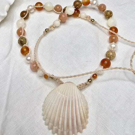 Cockle Shell Necklace Adjustable with Pearls and Rare Ocean Agate