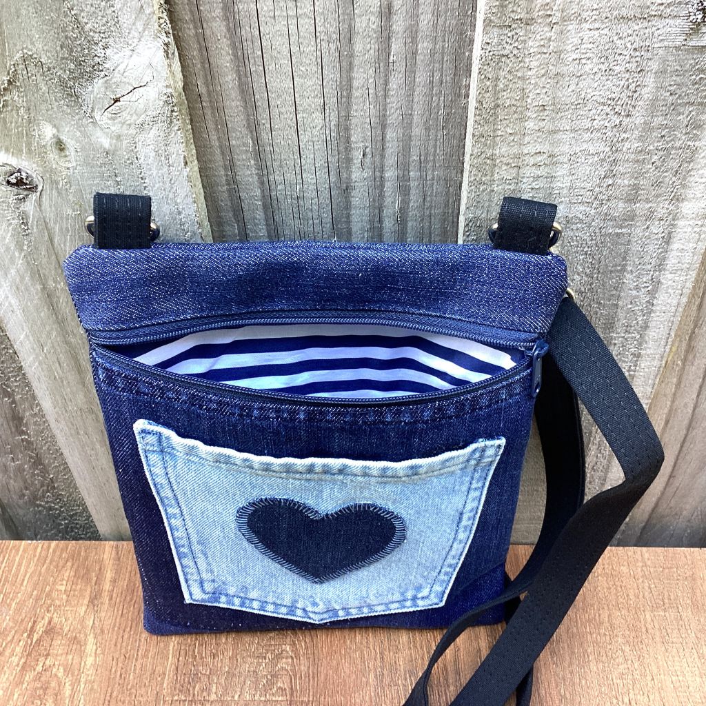 Upcycled Denim Crossbody Bag – Blue Heart Pocket