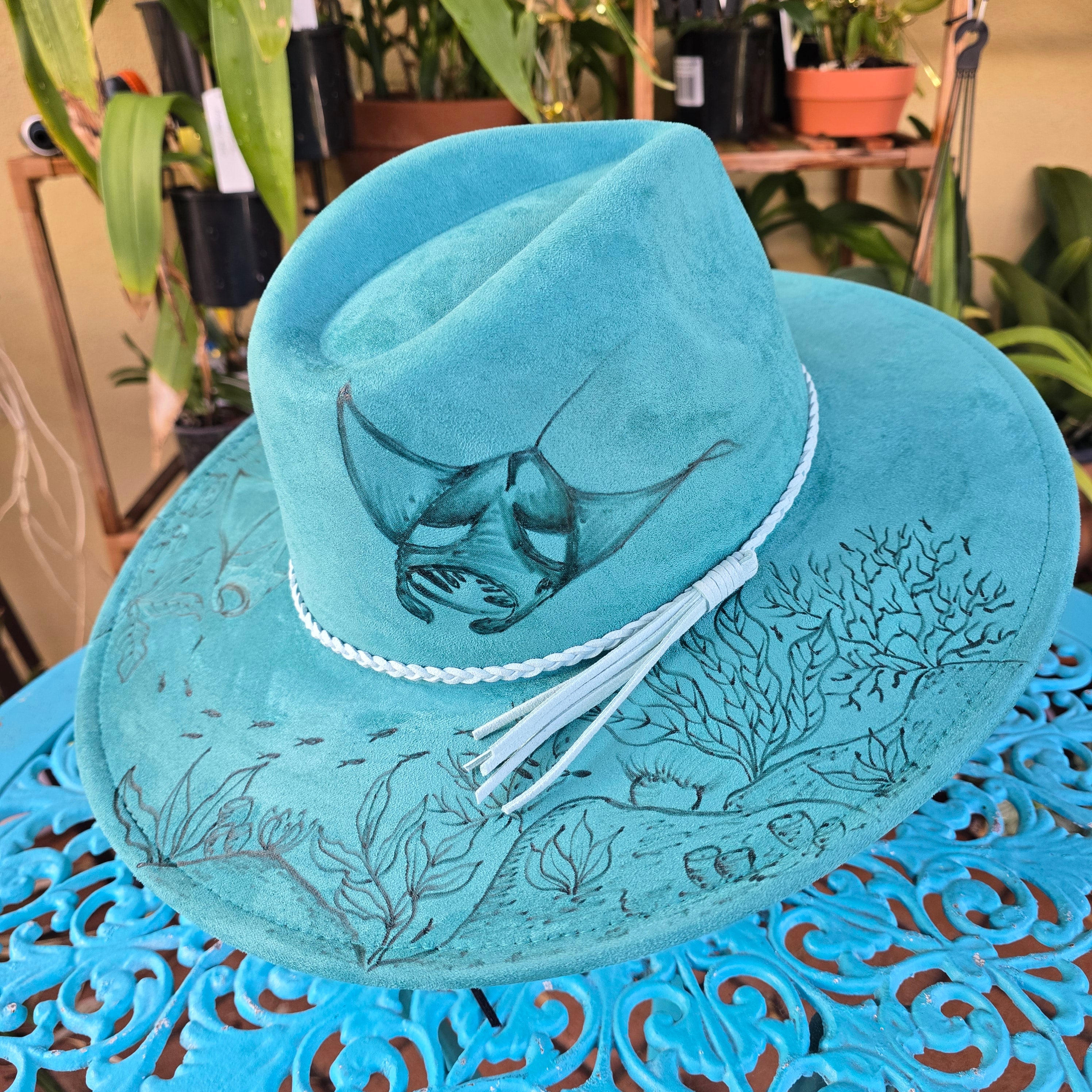 Hand burnt fedora hat: The manta cove