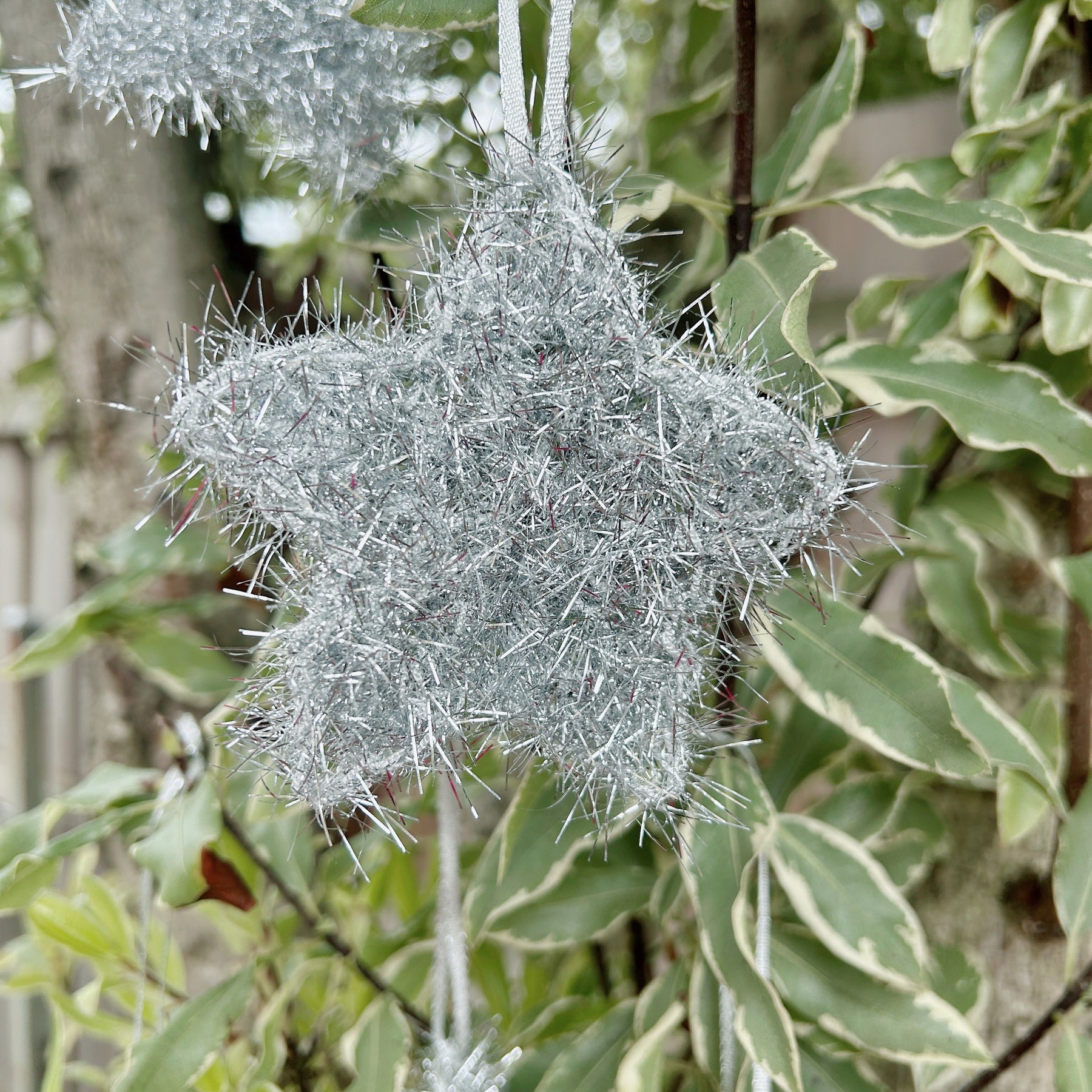 Handmade Crochet Silver Tinsel Christmas Star Ornaments – Set of 5