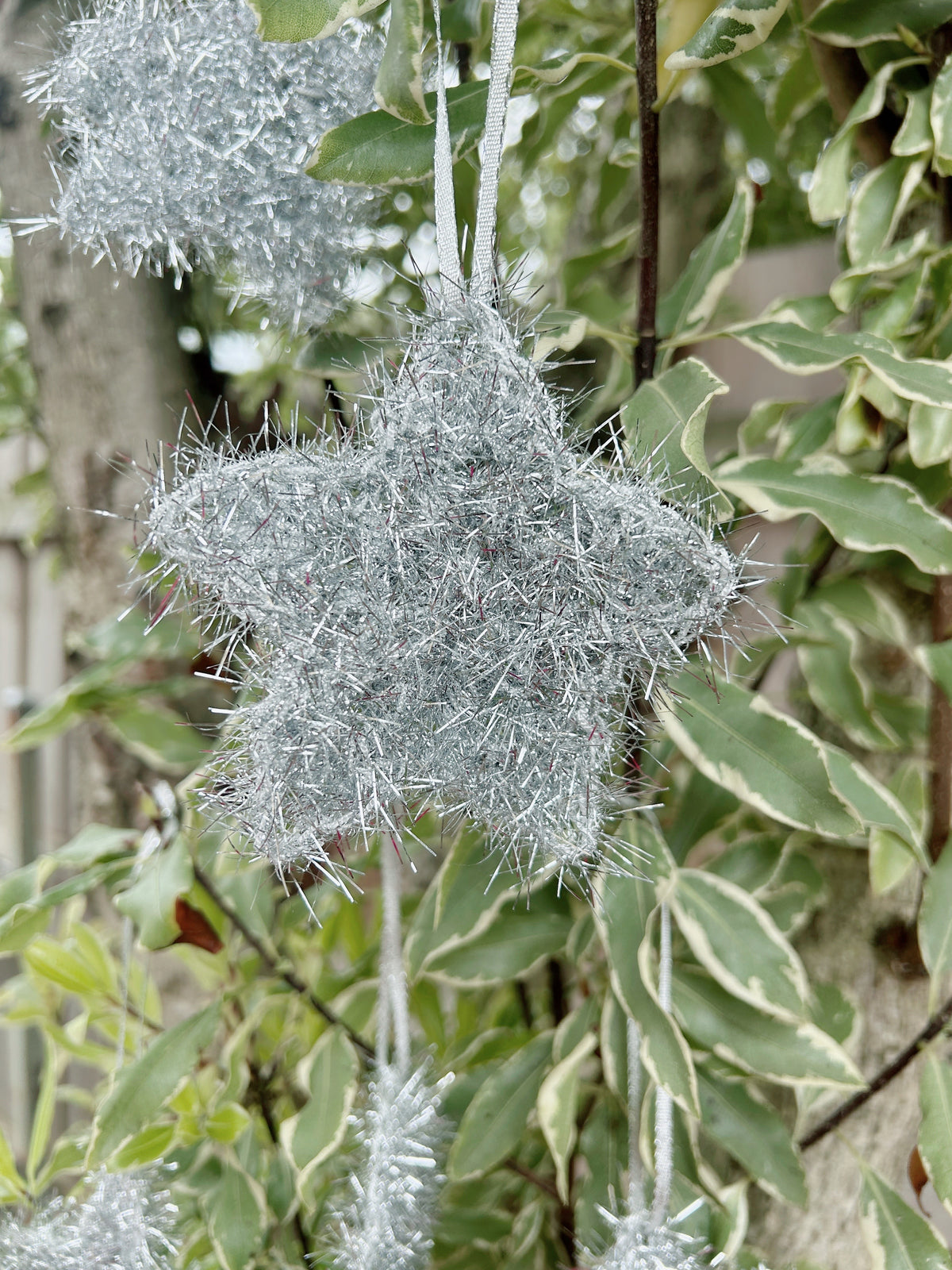 Handmade Crochet Silver Tinsel Christmas Star Ornaments – Set of 5