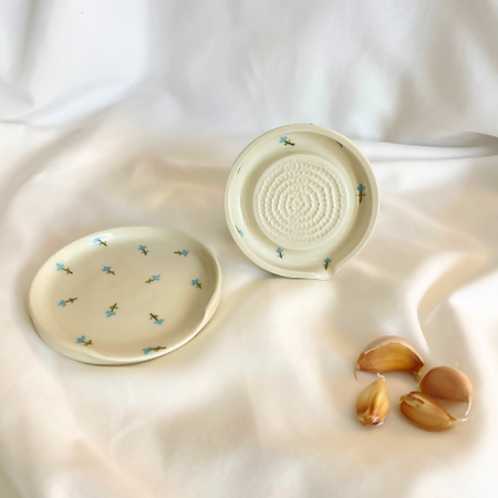 Handmade Ceramic Garlic Grater & Spoon Rest Set with Turquoise Flowers