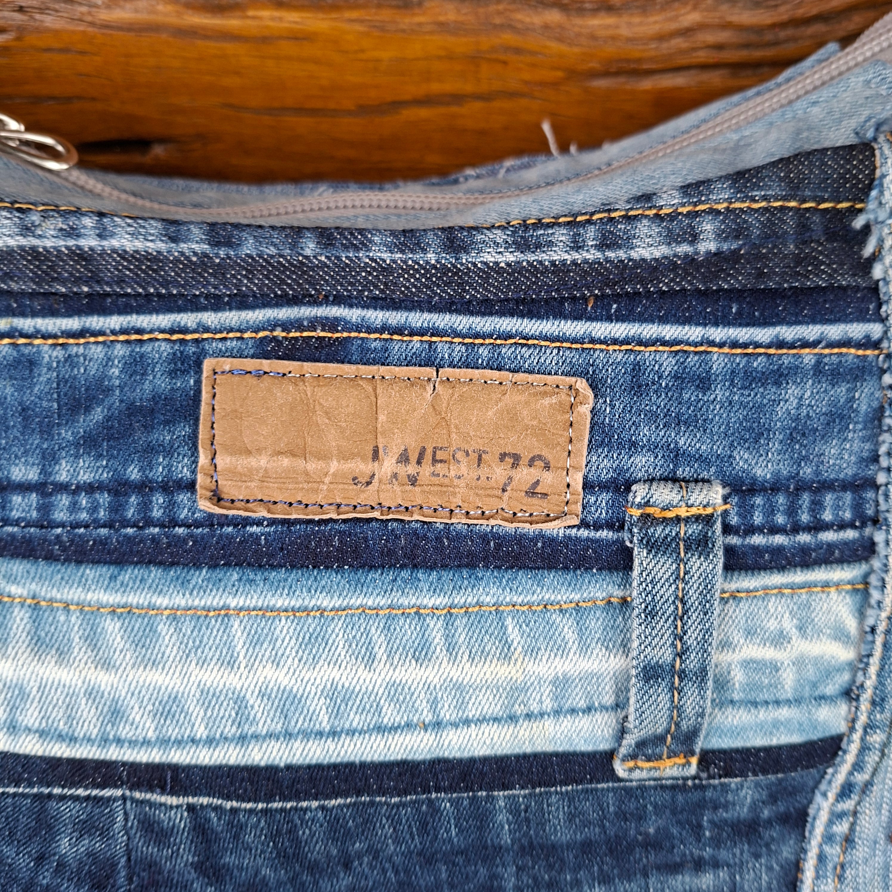 Recycled Blue Jeans West Hem and Waistband Denim Shoulder Bag