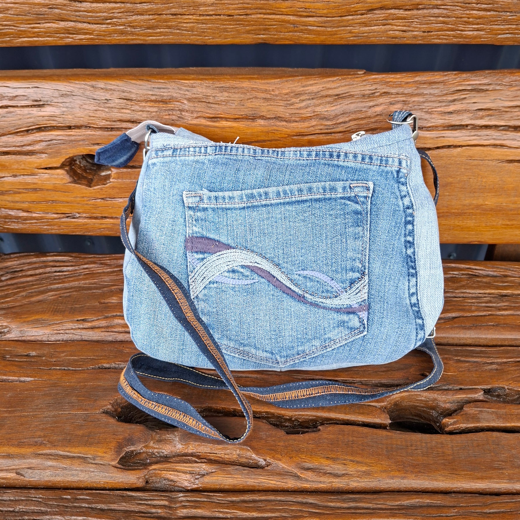Recycled Blue Jeans West Hem and Waistband Denim Shoulder Bag