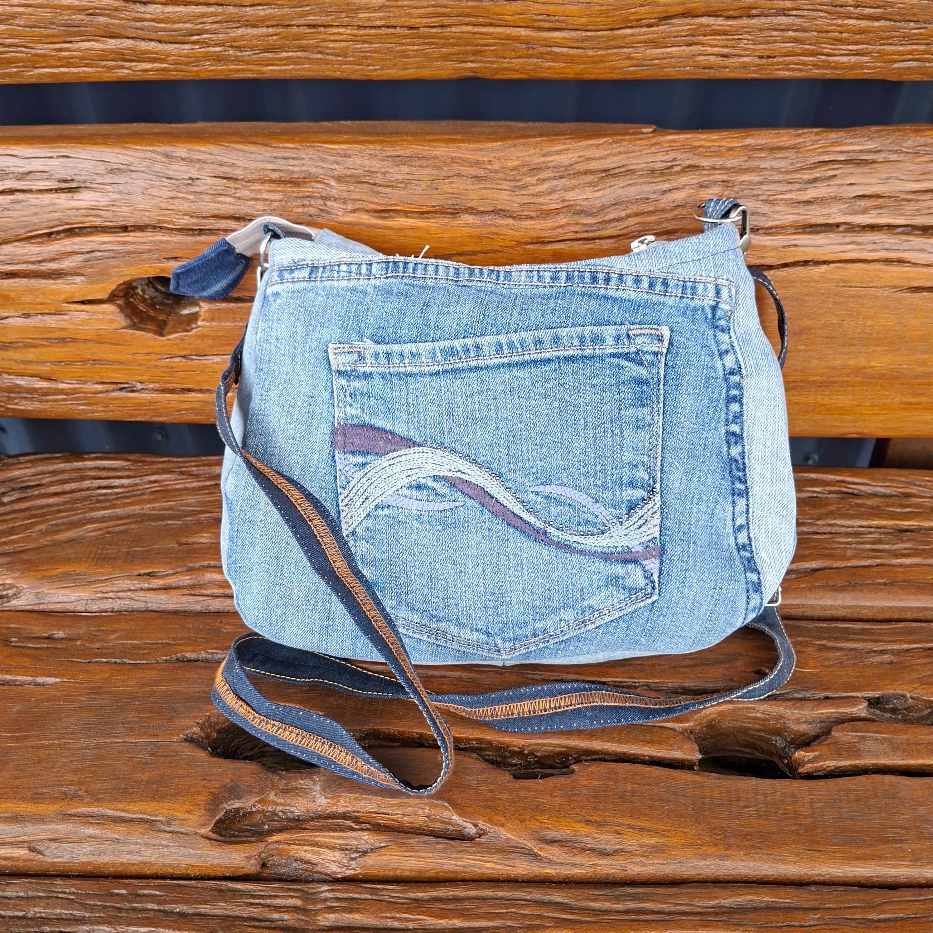 Recycled Blue Jeans West Hem and Waistband Denim Shoulder Bag