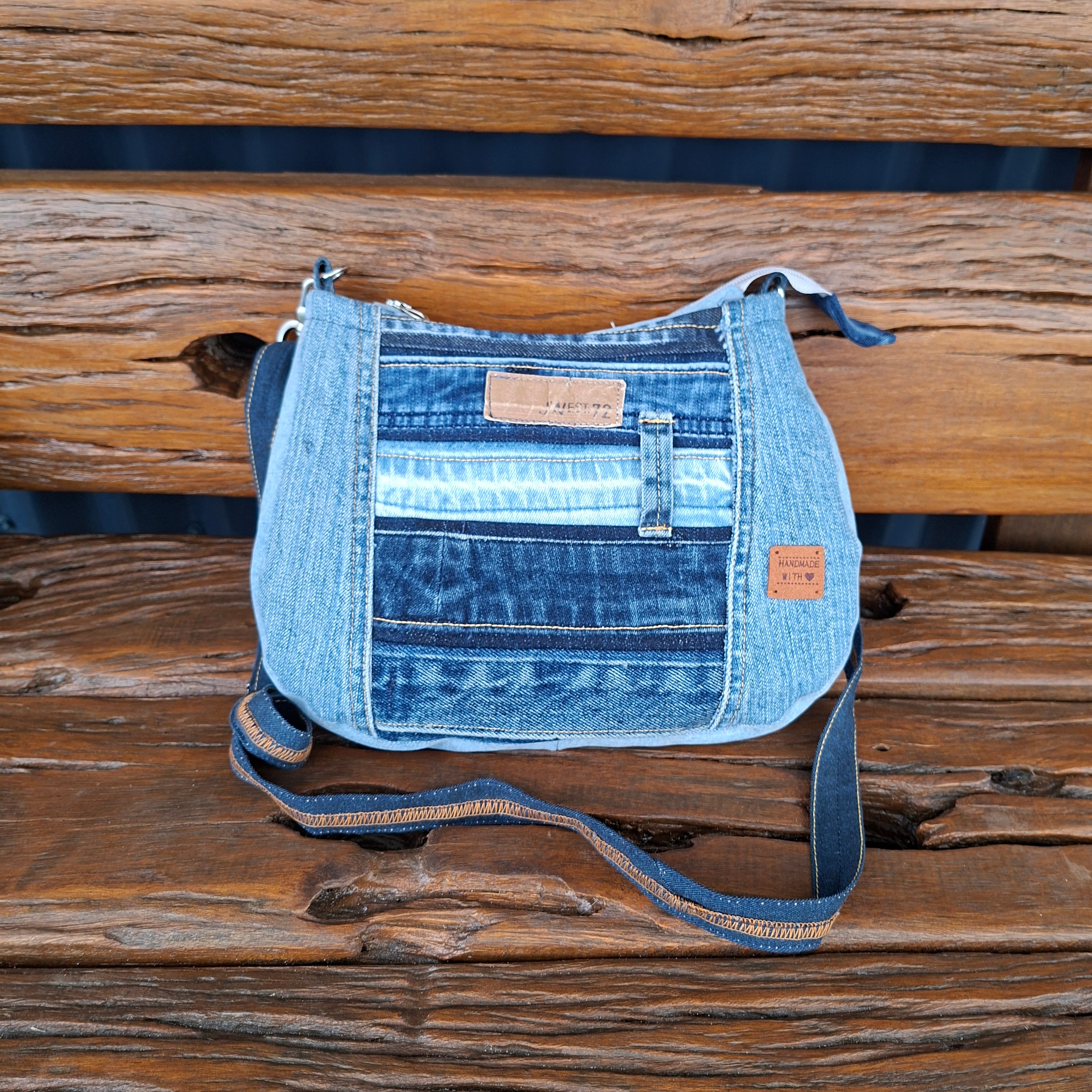 Recycled Blue Jeans West Hem and Waistband Denim Shoulder Bag