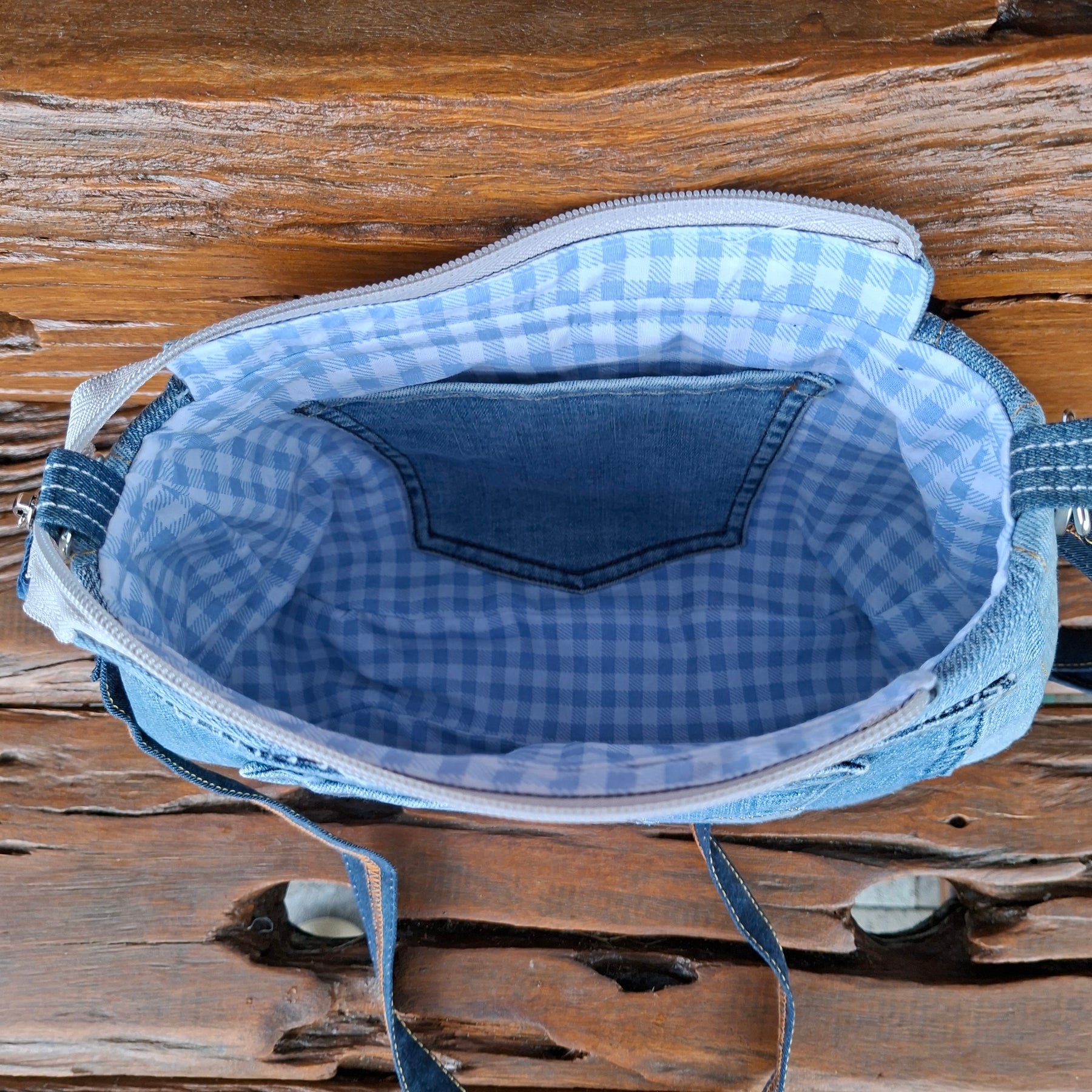 Recycled Blue Jeans West Hem and Waistband Denim Shoulder Bag