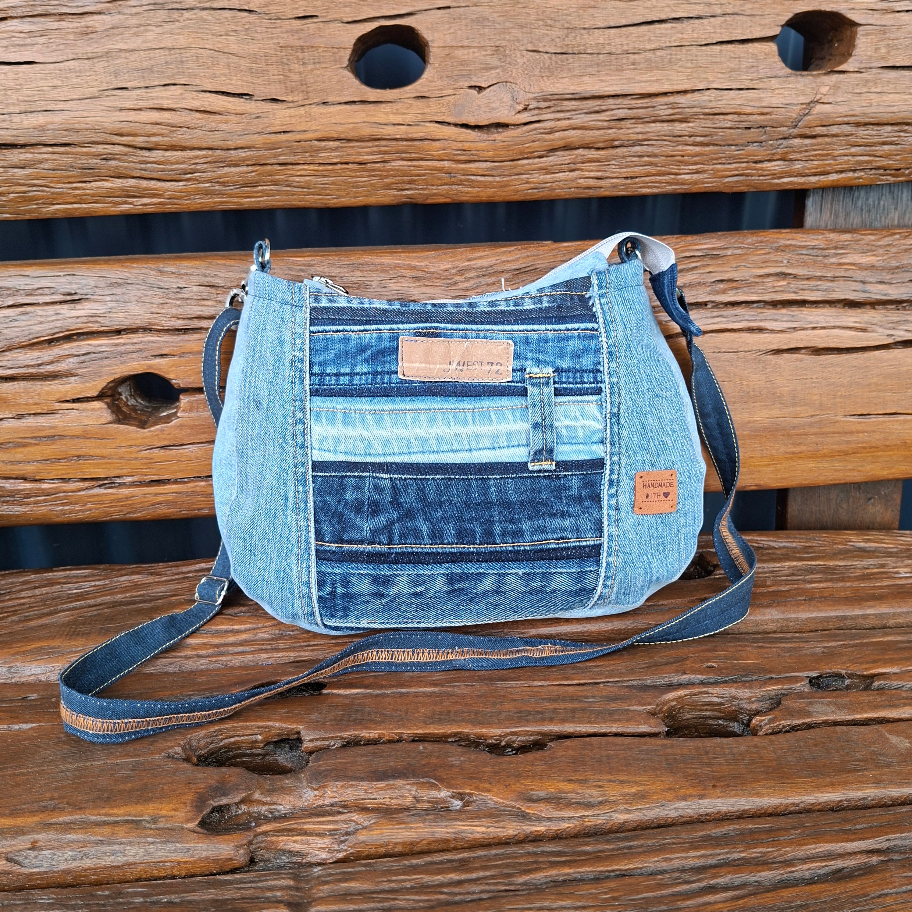 Recycled Blue Jeans West Hem and Waistband Denim Shoulder Bag
