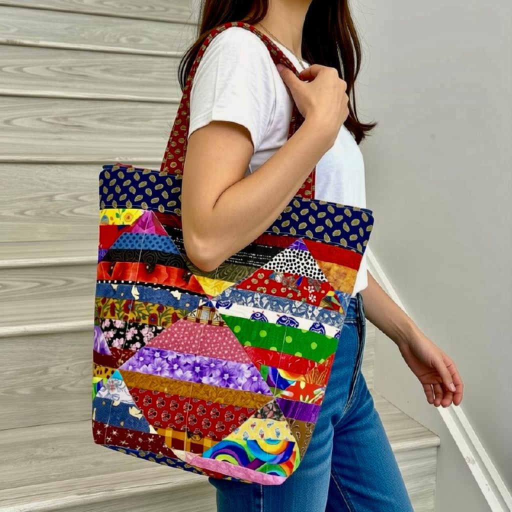 Diamond strip patchwork tote bag