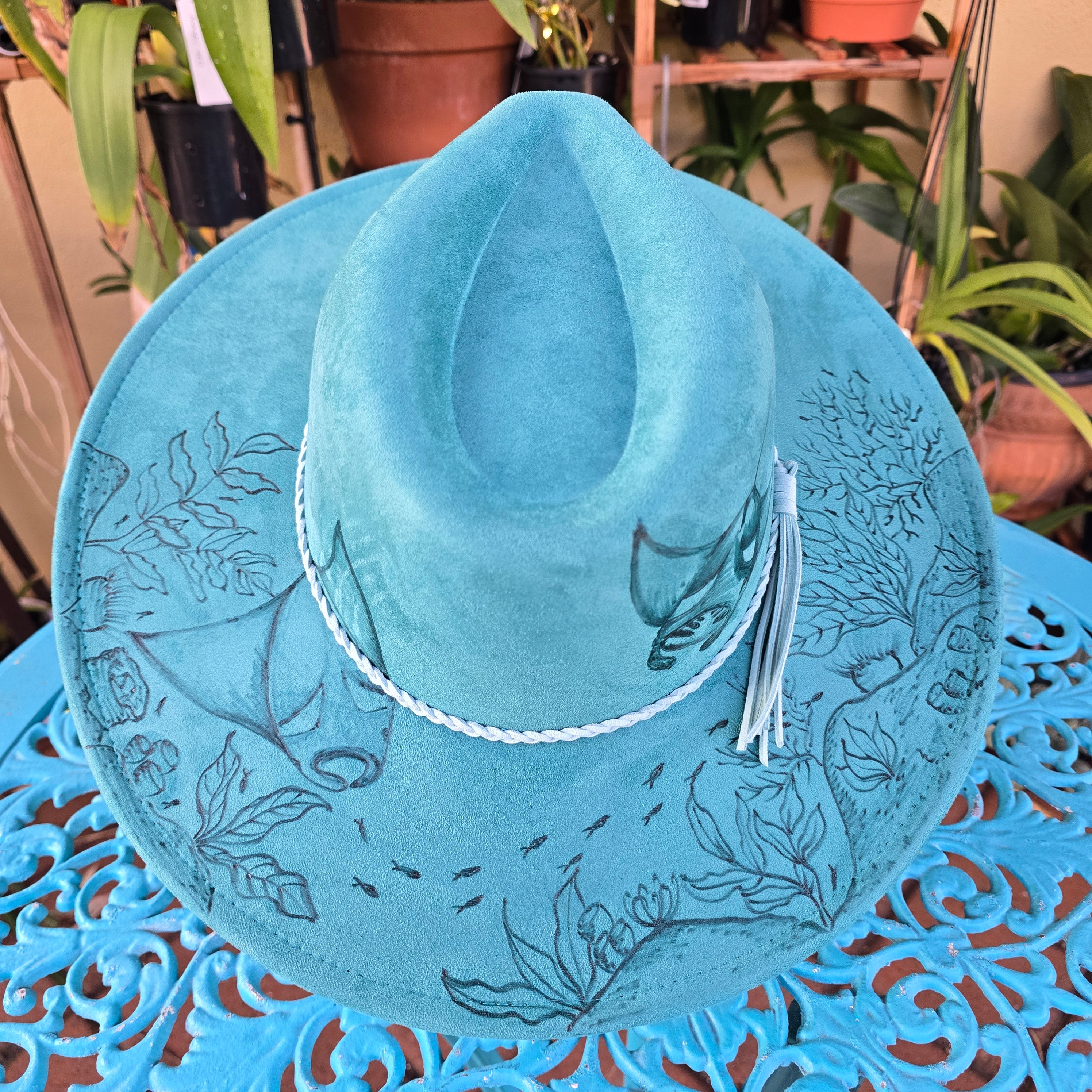 Hand burnt fedora hat: The manta cove