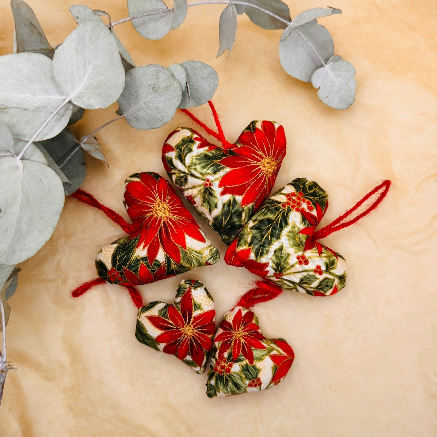 Handmade Red & Green Poinsettia Christmas Hearts