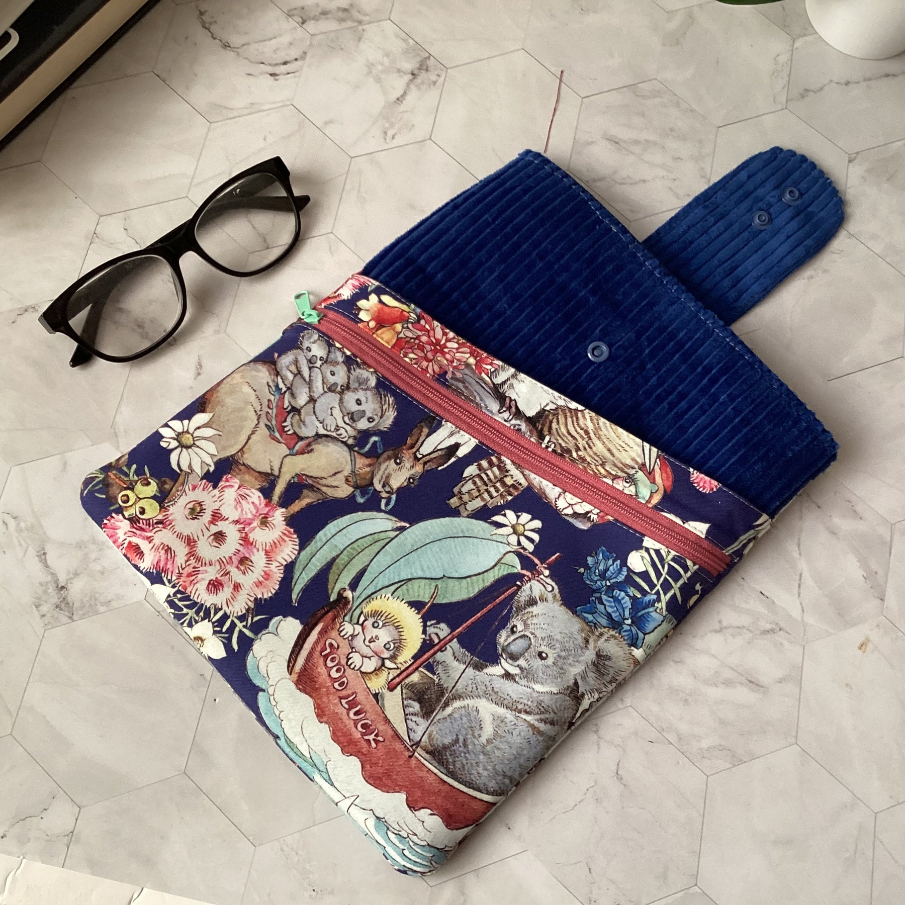 May Gibbs Gumnut Adventures fabric book sleeve with 2 pockets. iPad, tablet pouch