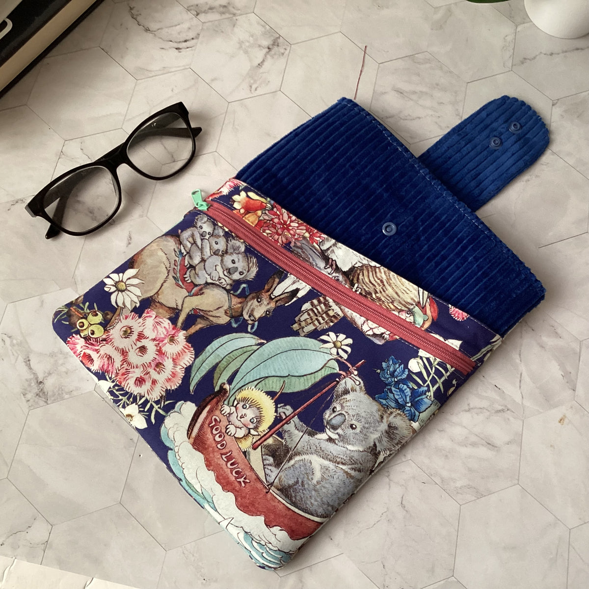 May Gibbs Gumnut Adventures fabric book sleeve with 2 pockets. iPad, tablet pouch