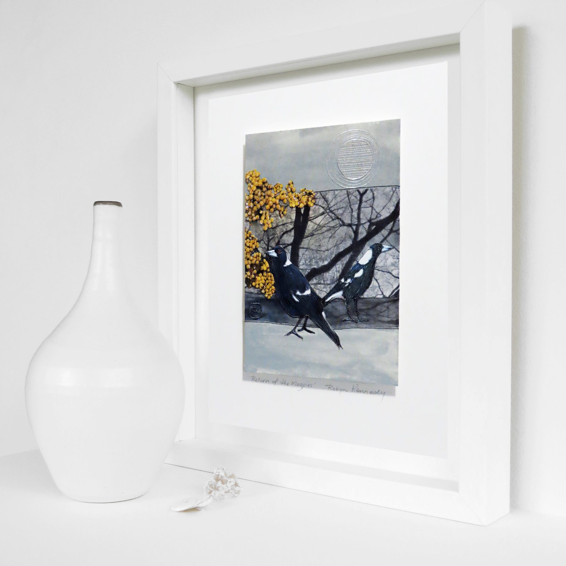 Unframed Collage Art - Magpies & Yellow Flowers