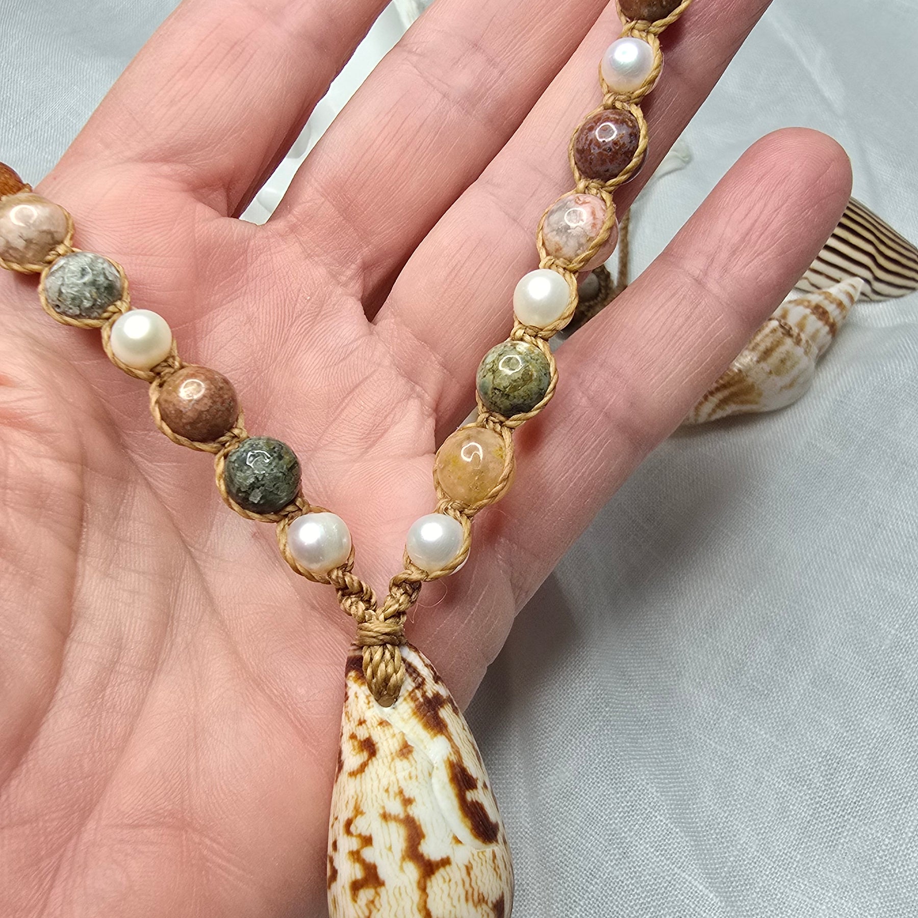 Cone Shell with Rare Ocean Agate & Pearl Necklace