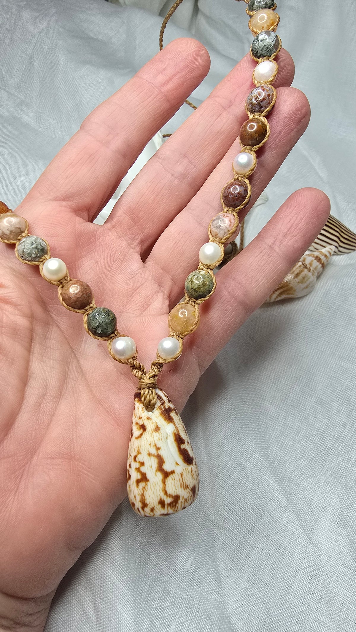 Cone Shell with Rare Ocean Agate & Pearl Necklace