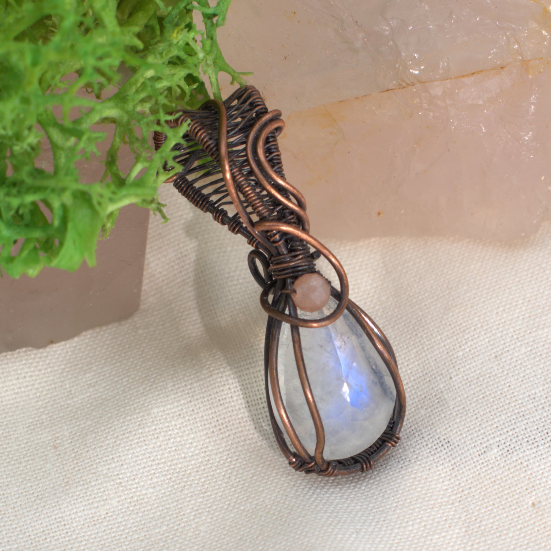 Velvet Moon – Rainbow & Peach Moonstone Copper Pendant
