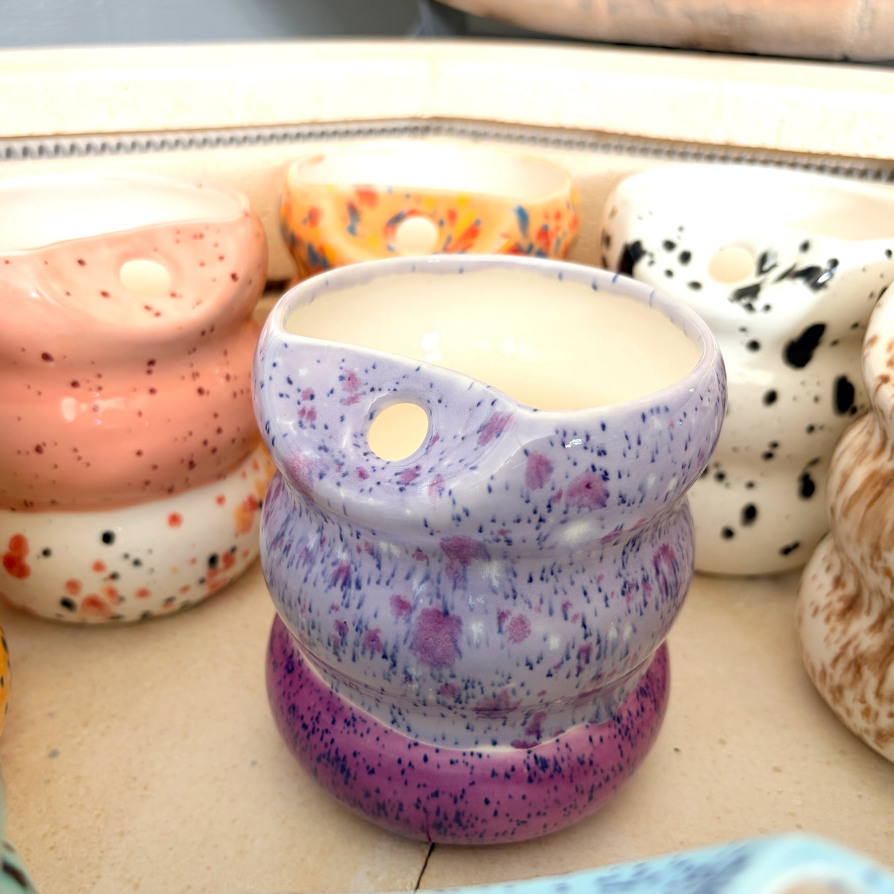 Handcrafted Porcelain Tumbler with Silicon Straw, 600mL Bubble Cup in Blueberry Smoothie Glaze