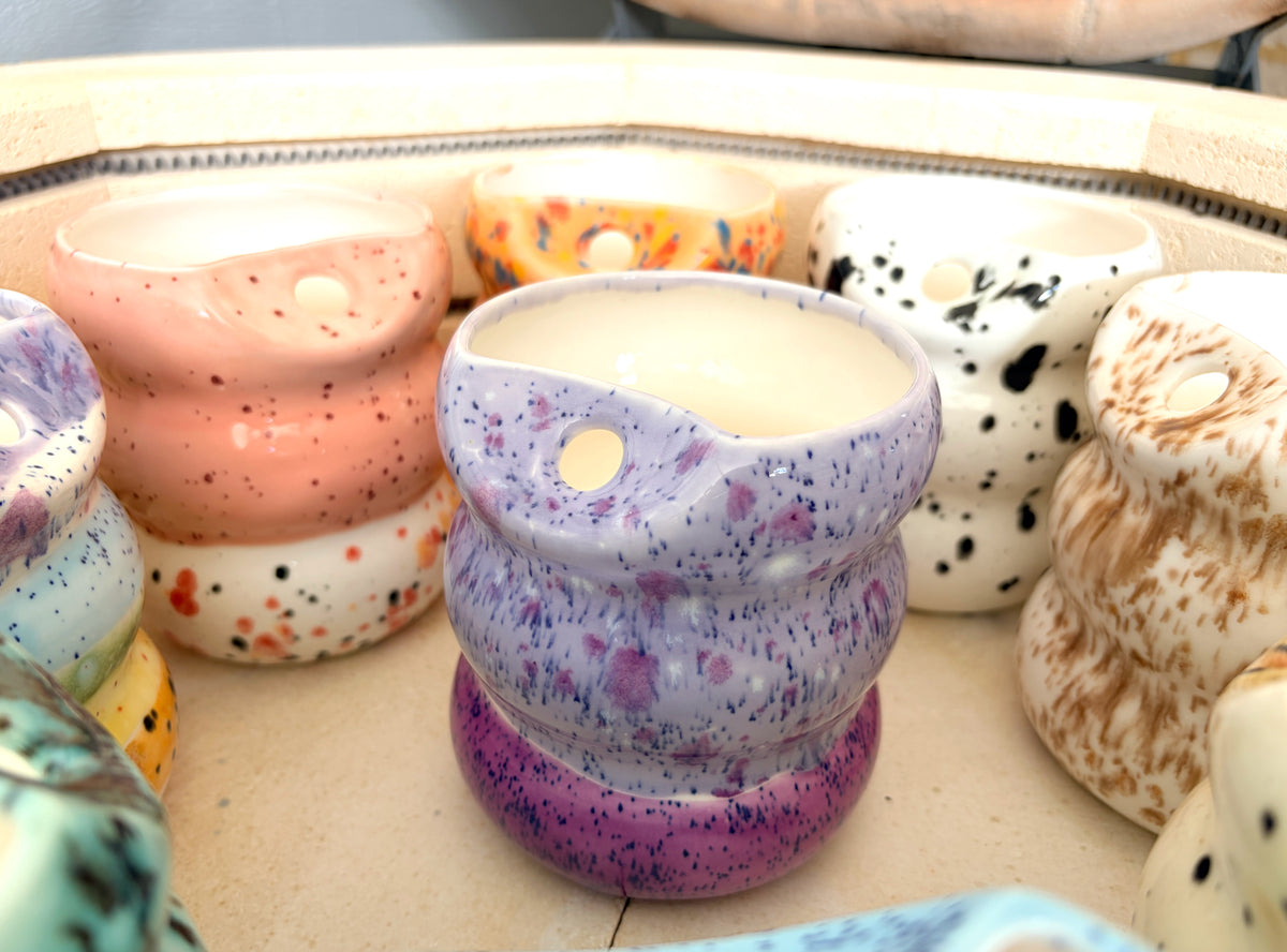Handcrafted Porcelain Tumbler with Silicon Straw, 600mL Bubble Cup in Blueberry Smoothie Glaze