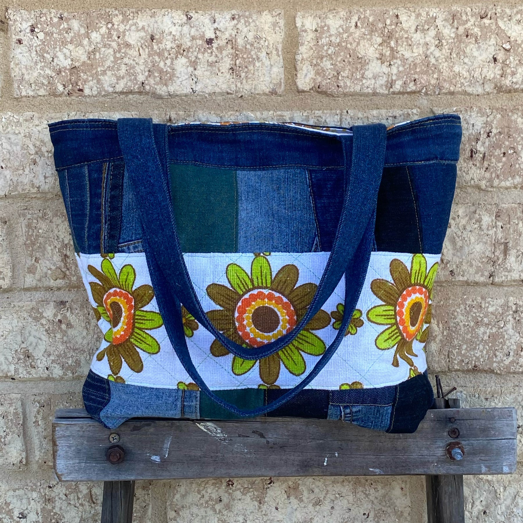 Reloved Petals Handmade Tote Bag Upcycled Vintage Fabrics & Denim