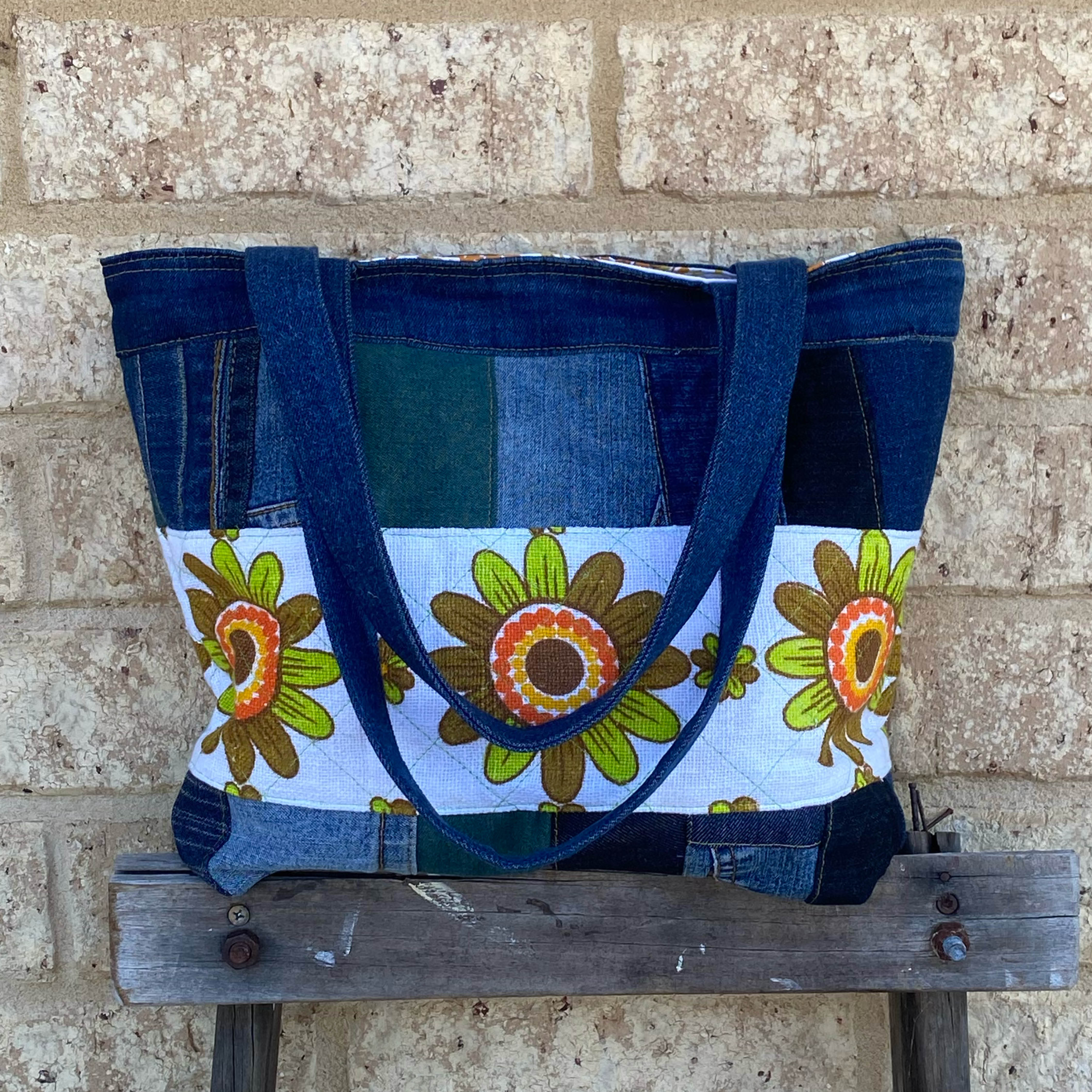 Reloved Petals Handmade Tote Bag Upcycled Vintage Fabrics & Denim