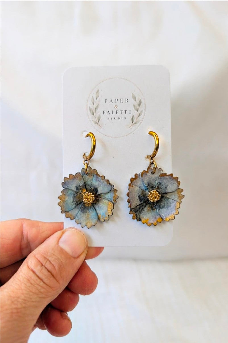 Cosmos Flower Earrings – Hand-Painted Huggie Hoop Statement Earrings