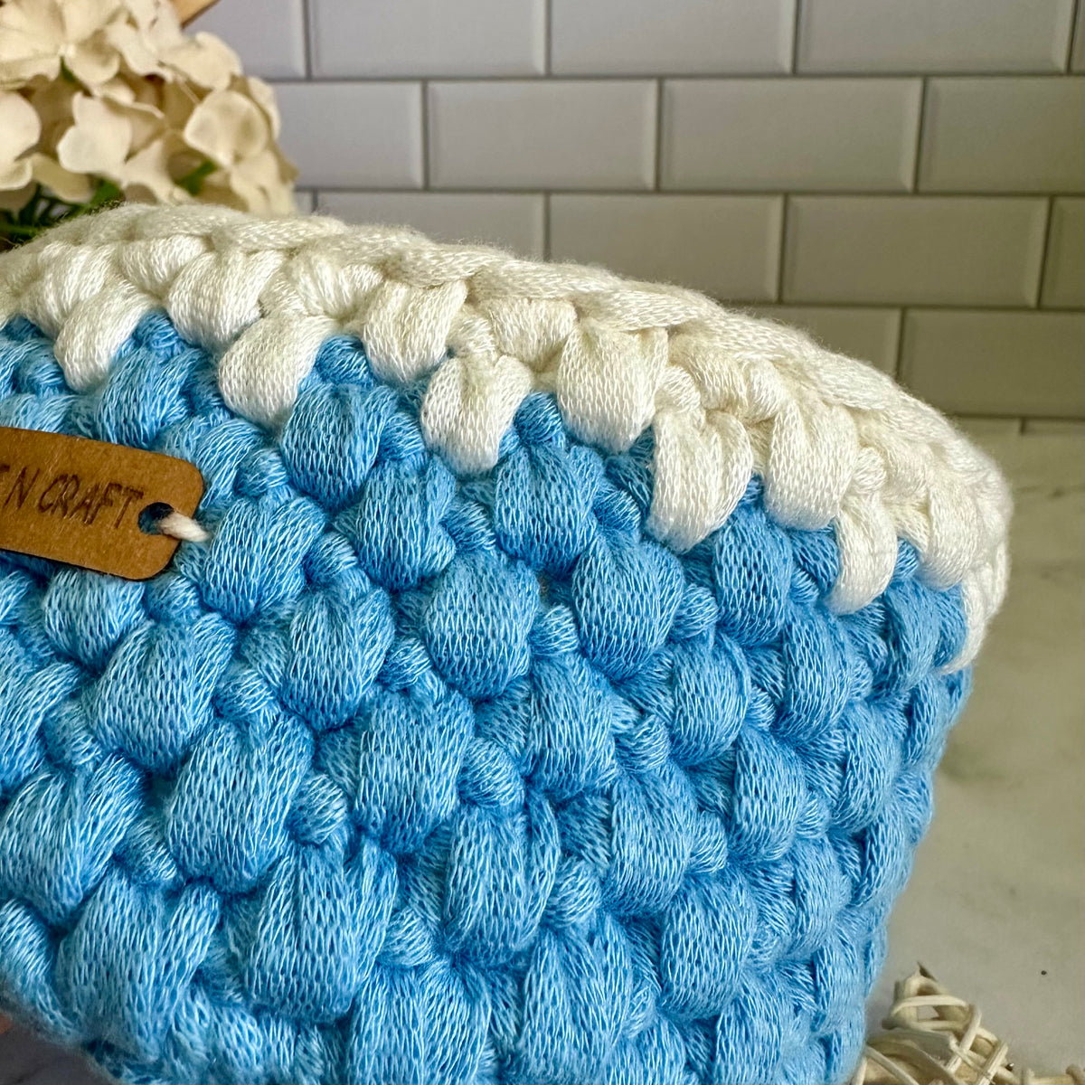 Handmade Crochet Blue & White Baby Basket - small