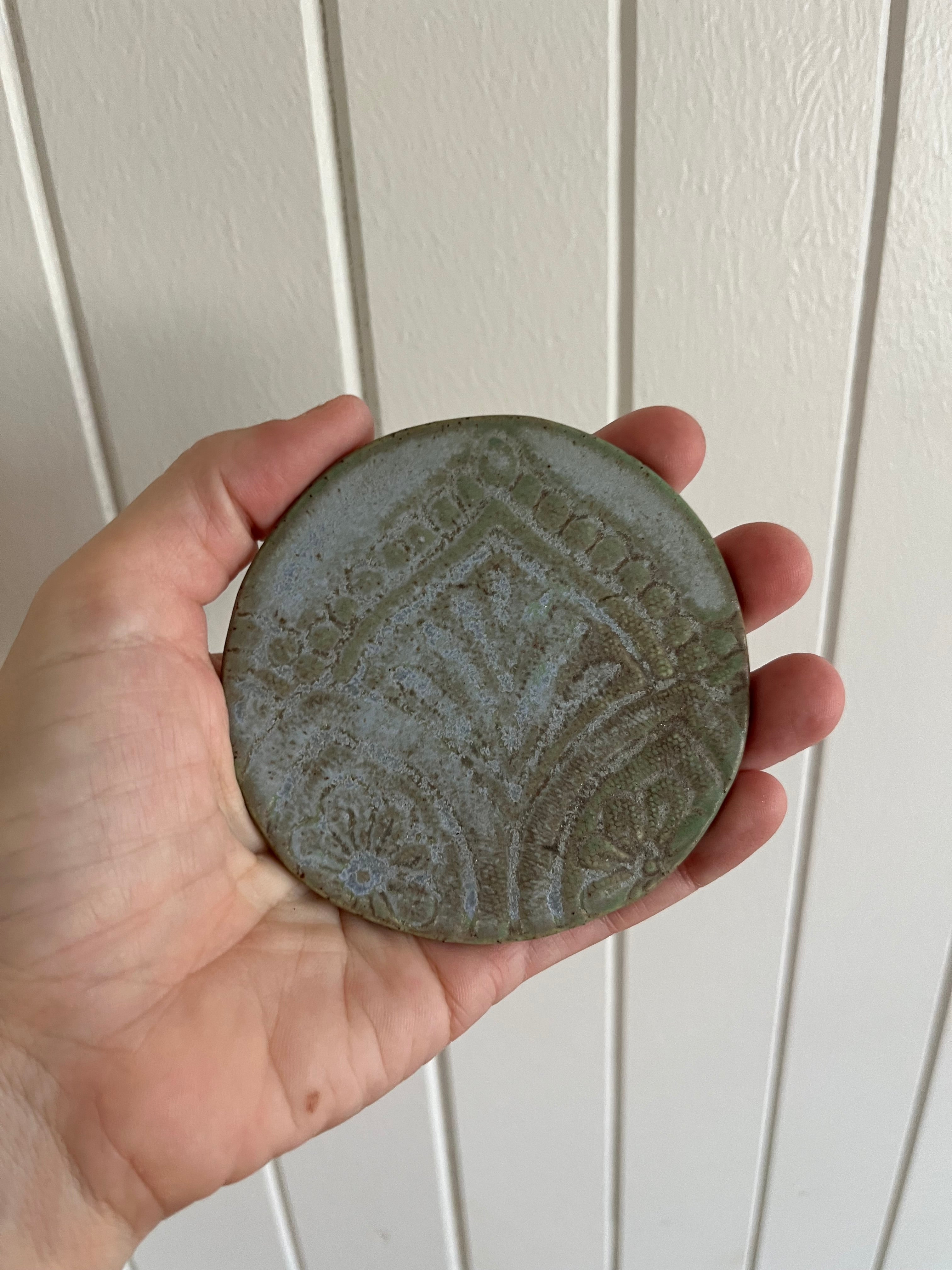 Set of 2 Handmade Pottery Coasters – Lace Imprint, Rustic Blue Glaze
