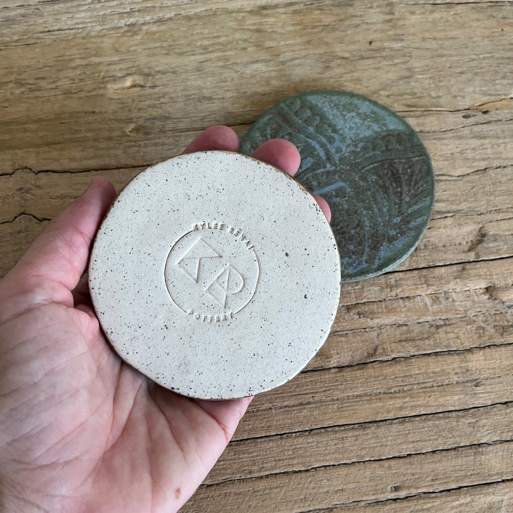 Set of 2 Handmade Pottery Coasters – Lace Imprint, Rustic Blue Glaze