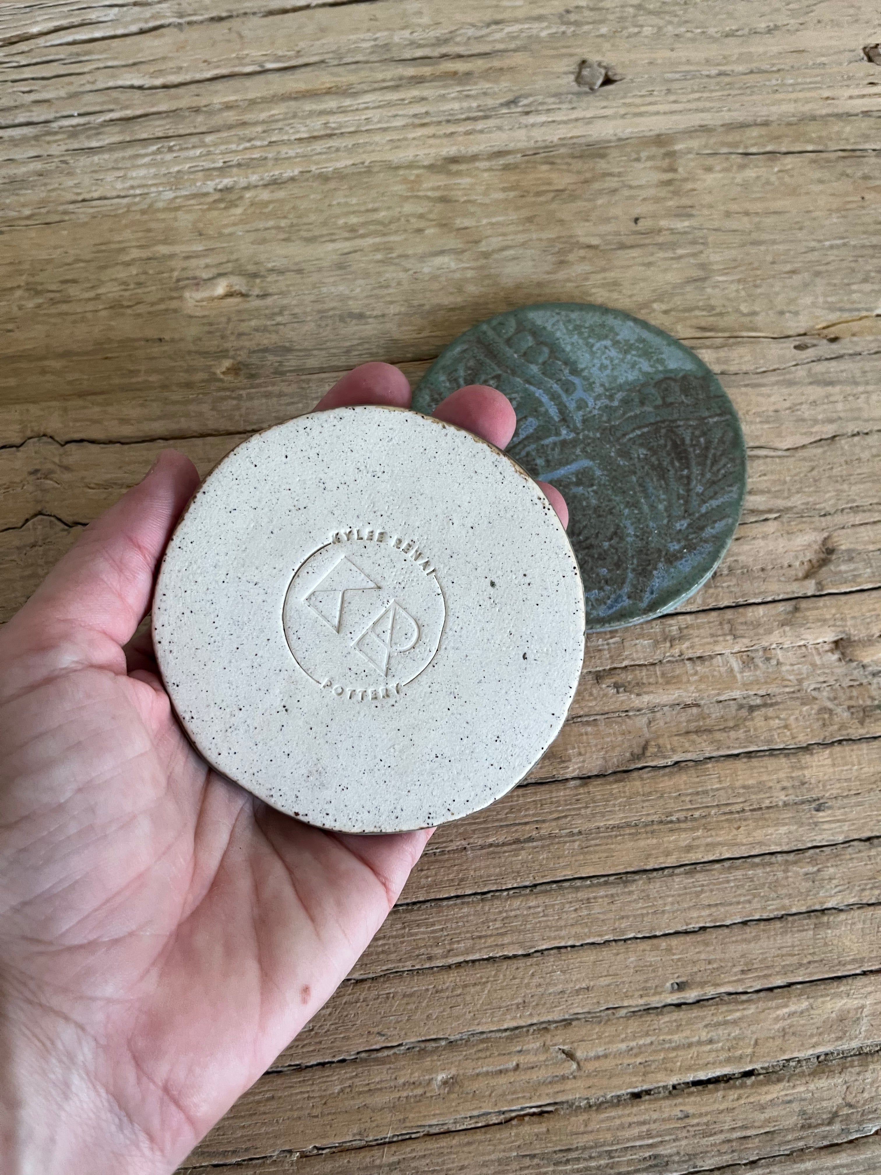 Set of 2 Handmade Pottery Coasters – Lace Imprint, Rustic Blue Glaze