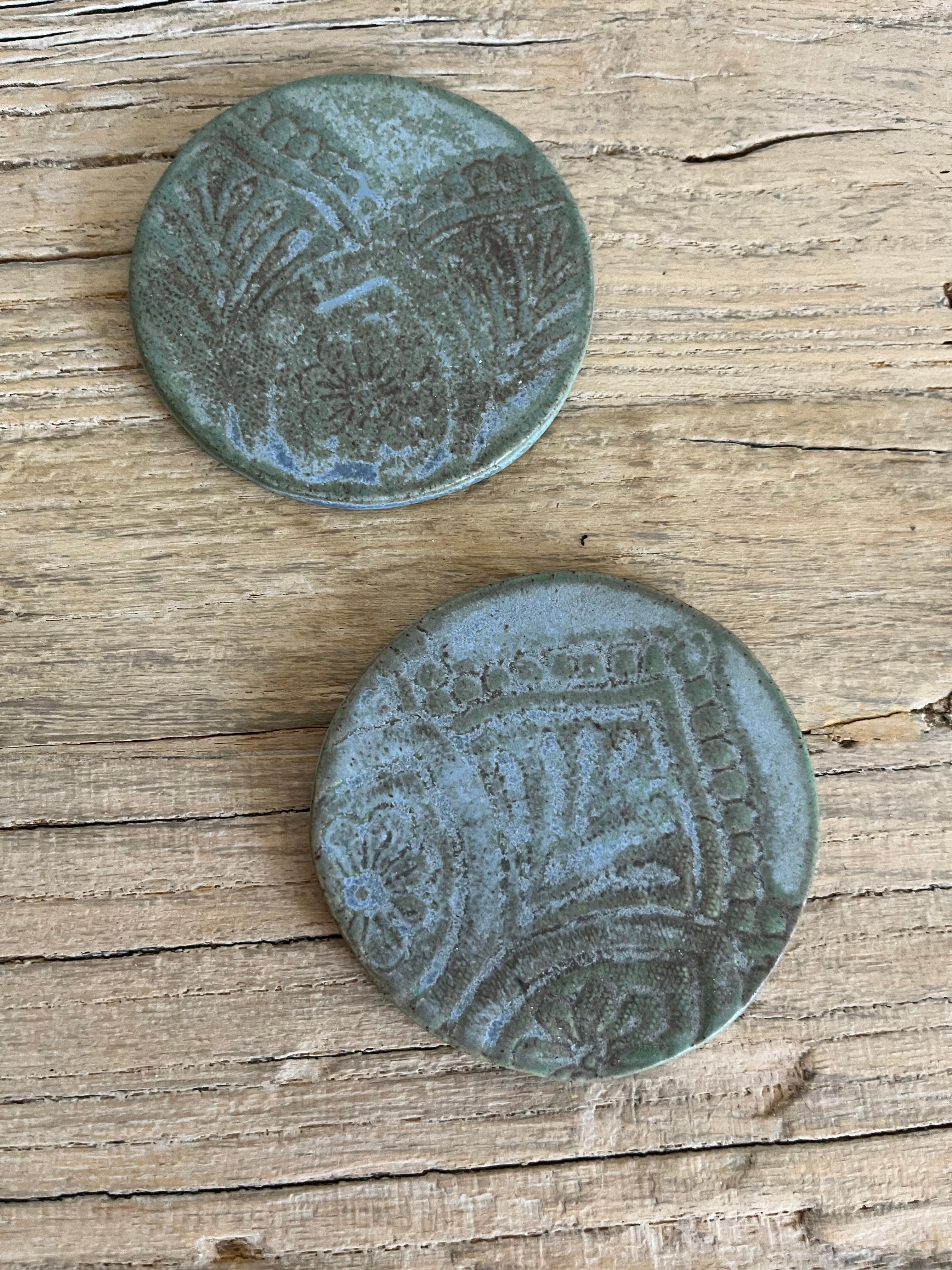 Set of 2 Handmade Pottery Coasters – Lace Imprint, Rustic Blue Glaze