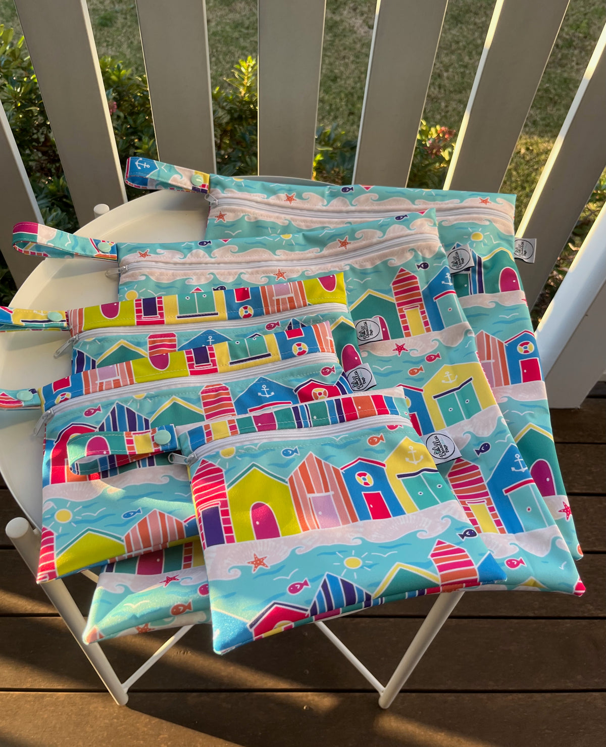PRE-ORDER Water-resistant wet bags - Colourful Beach Huts (Ladybird and Roar)