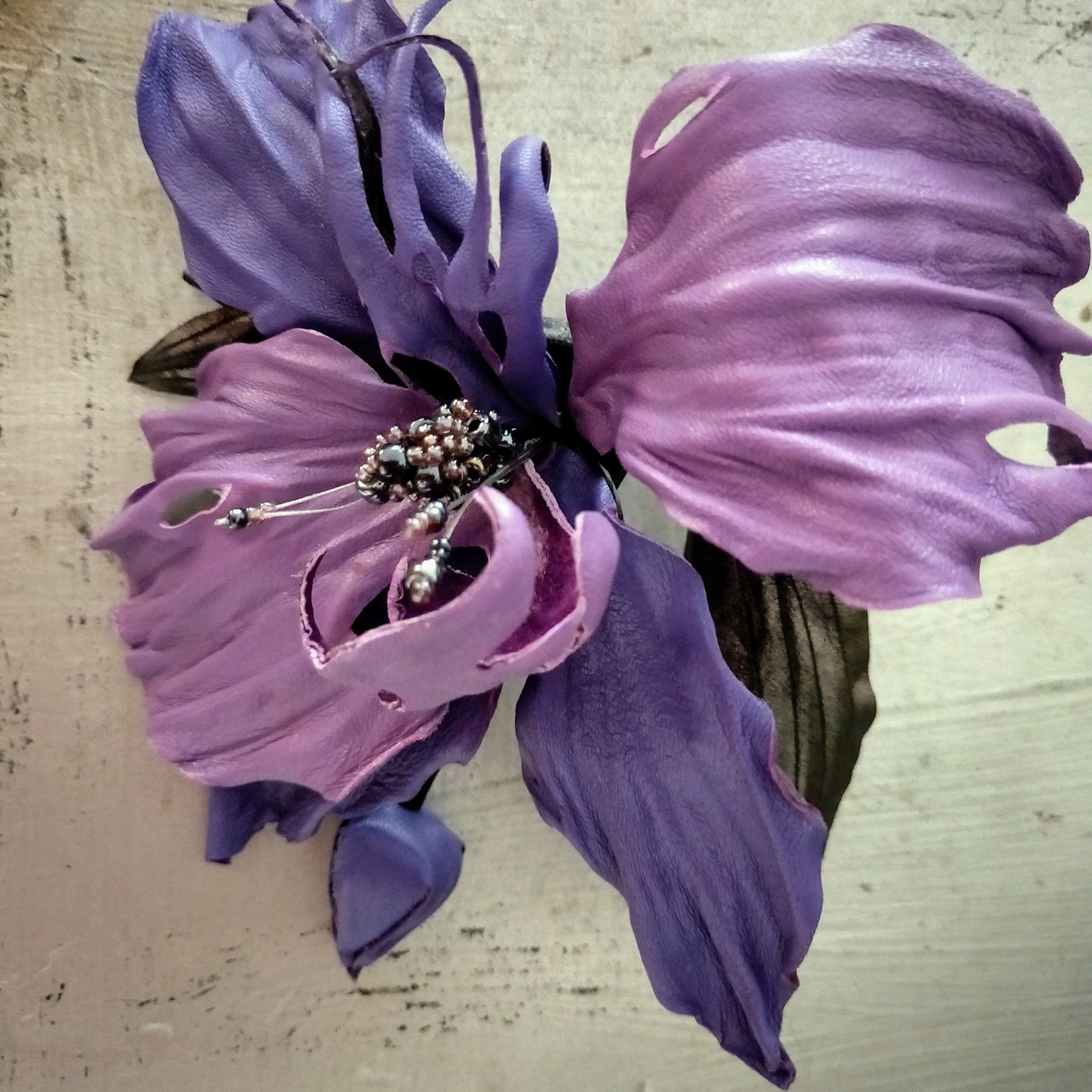 Leather Orchid Night Beauty , Flower Brooch, hair hat clip