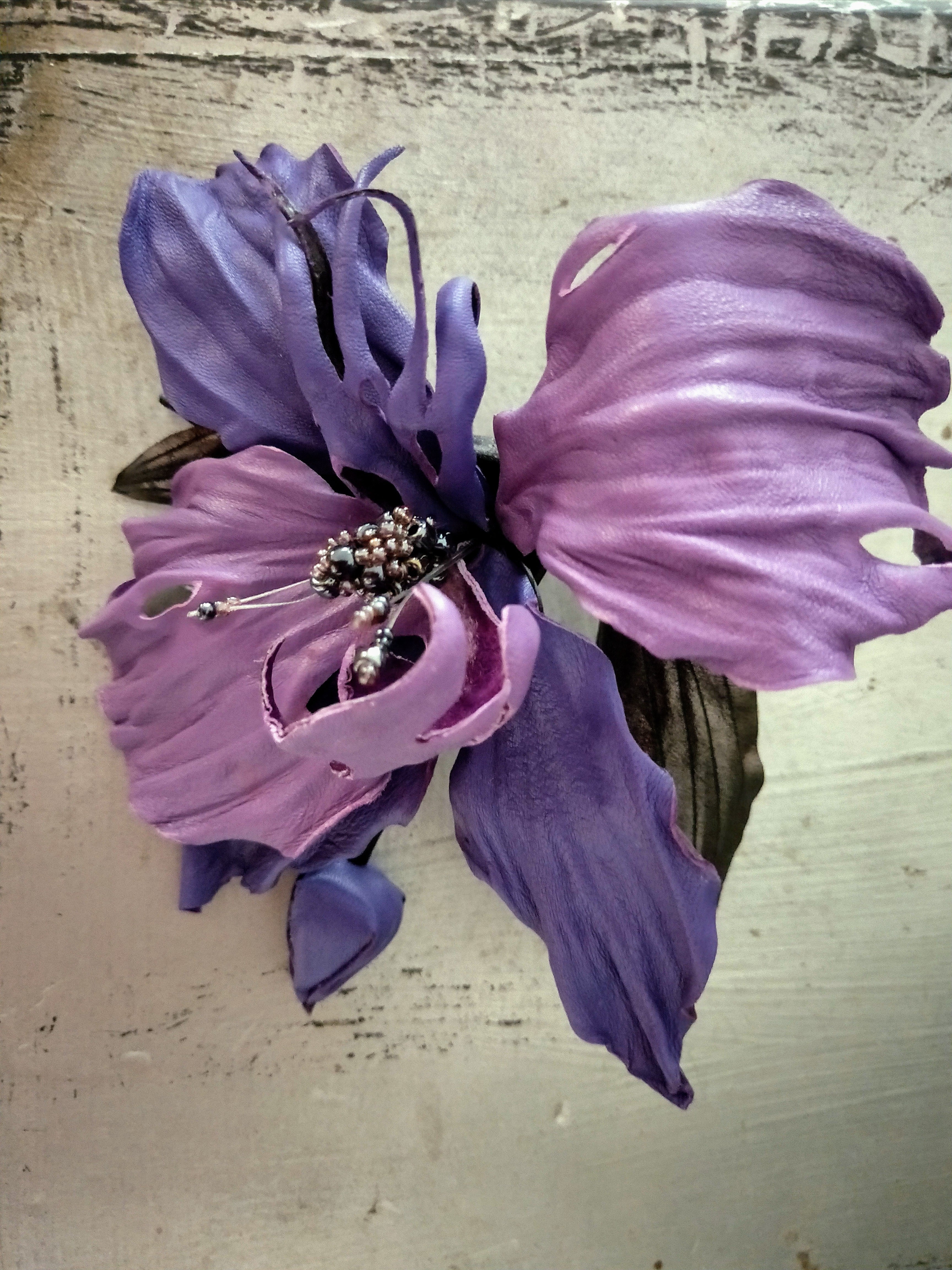Leather Orchid Night Beauty , Flower Brooch, hair hat clip