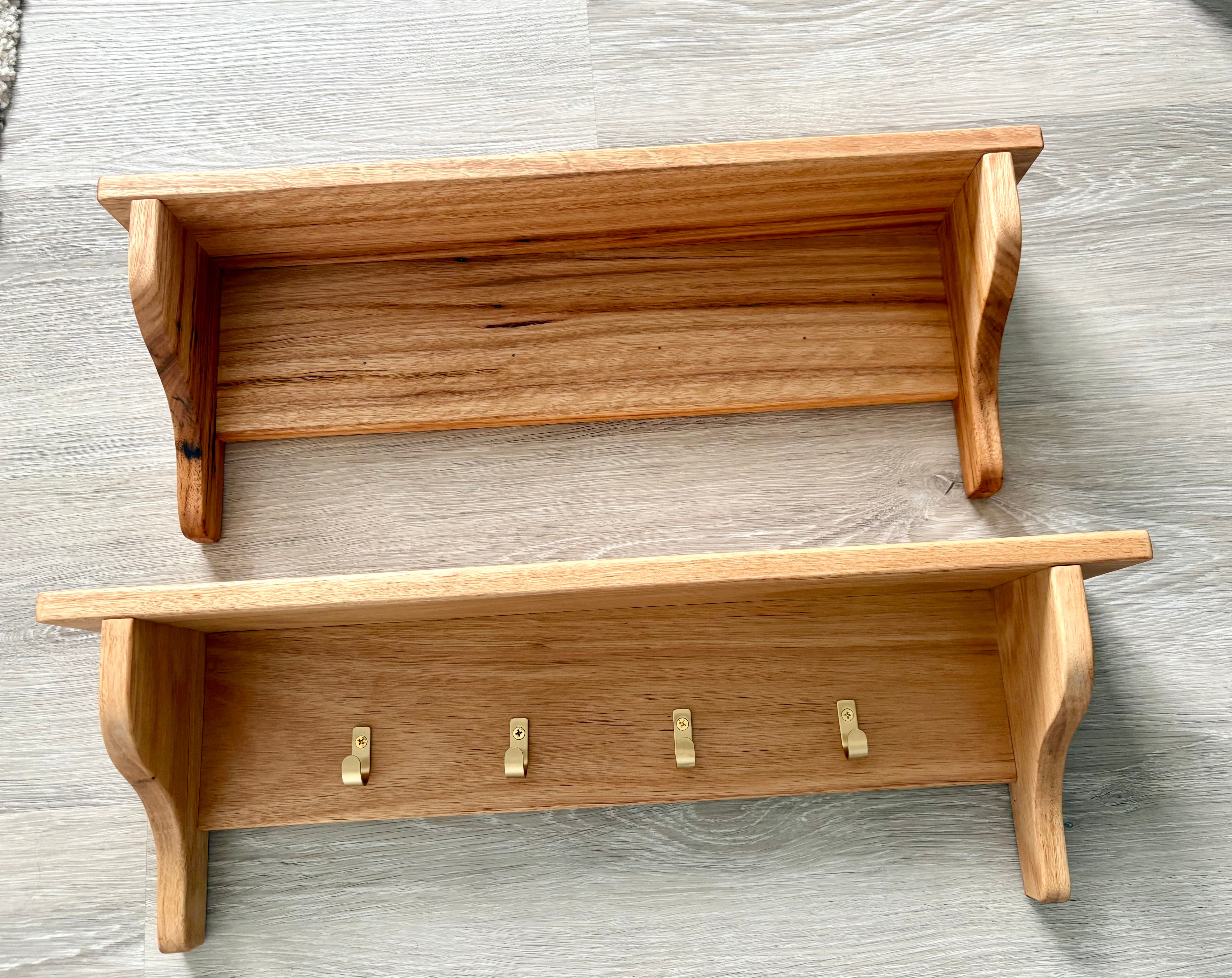 Blackbutt wall shelf with gold hooks