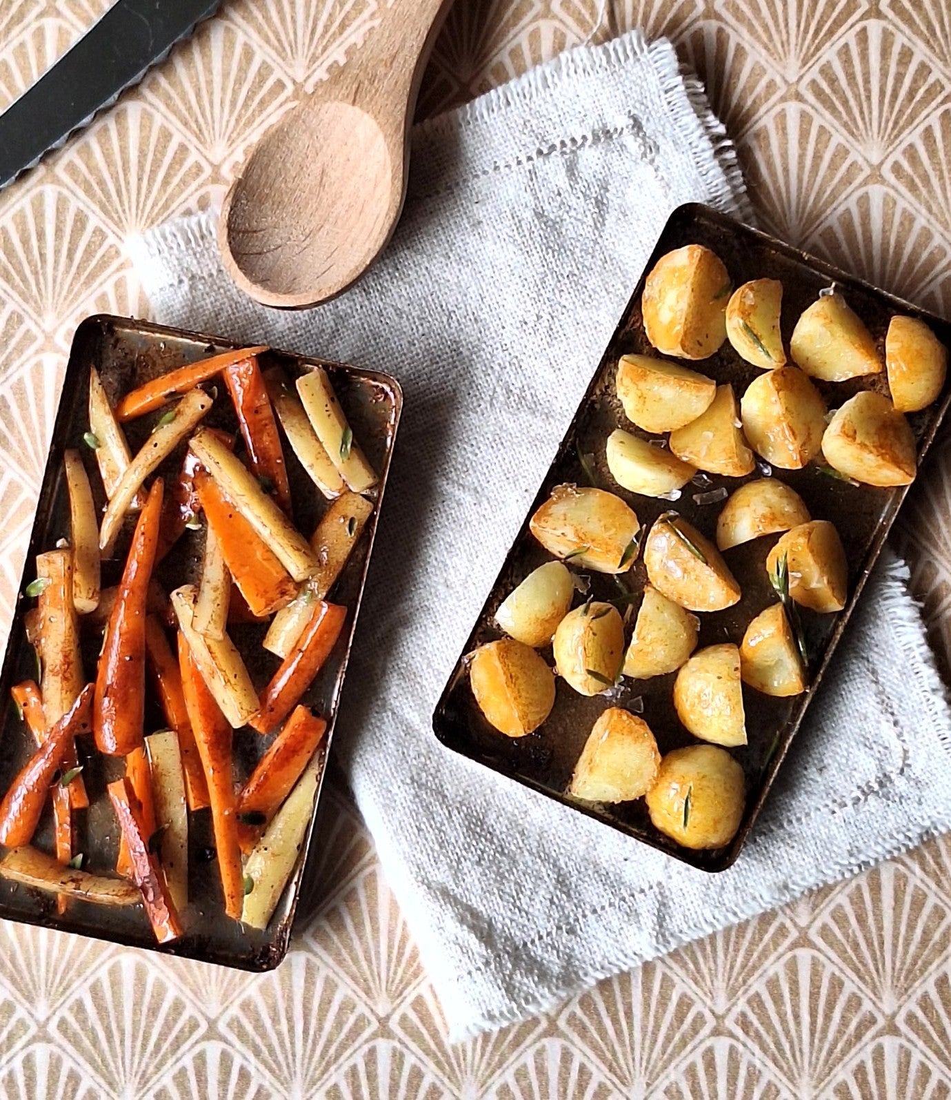 Honey roasted Carrot and Parsnips (with metal serving spoon)