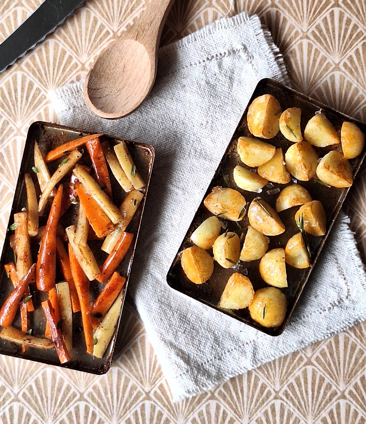 Honey roasted Carrot and Parsnips (with metal serving spoon)