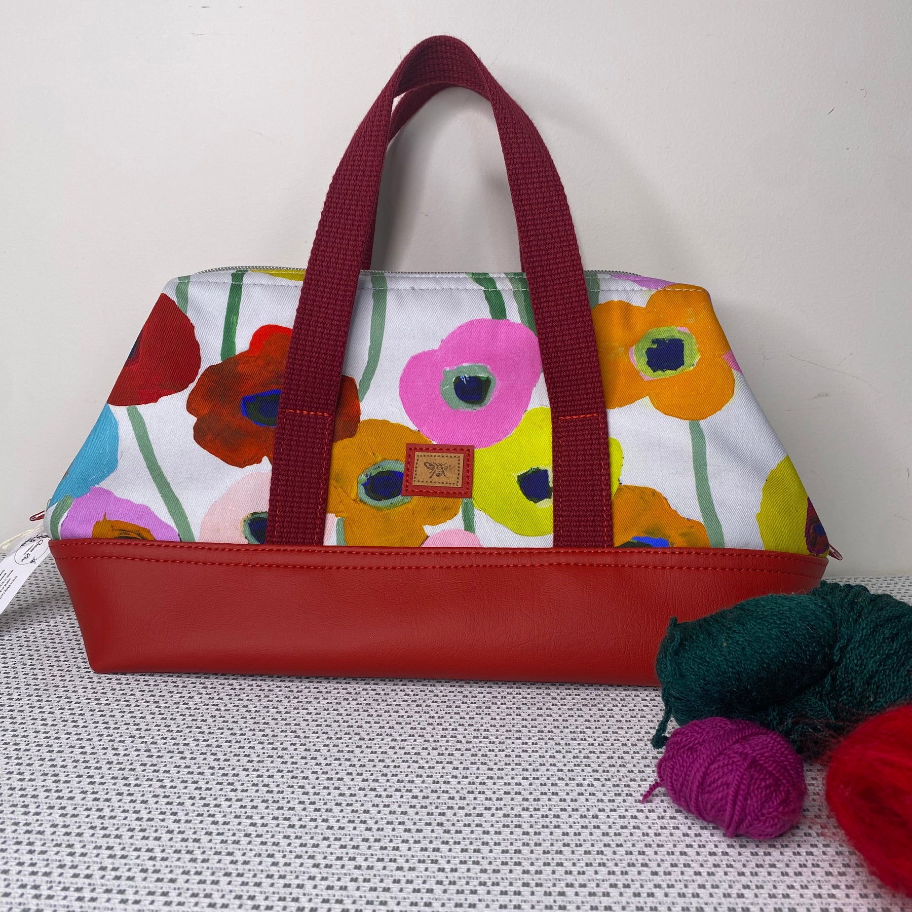 Project Bag - Red, Orange, Pink Floral with a Red Faux Leather Base