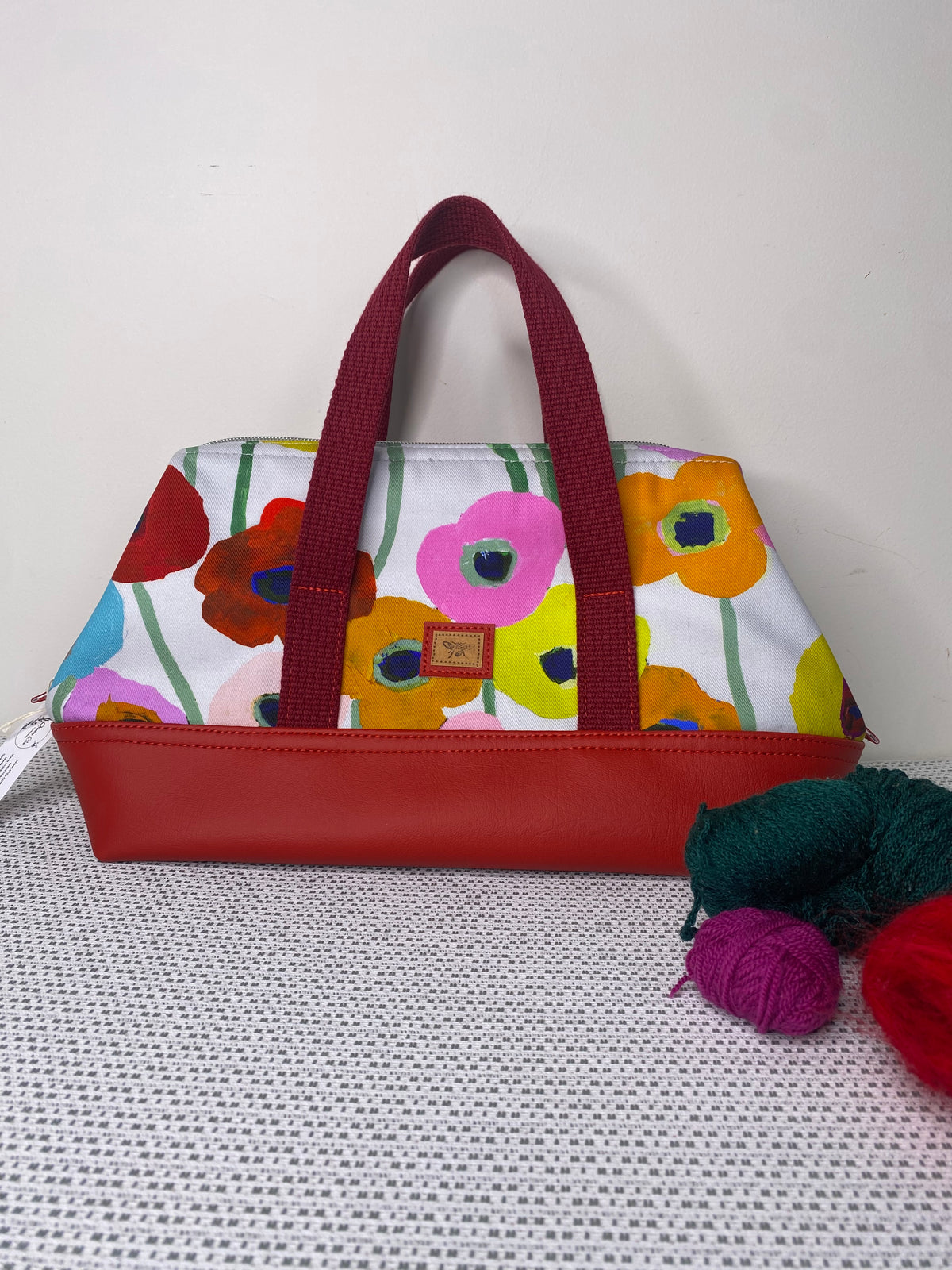 Project Bag - Red, Orange, Pink Floral with a Red Faux Leather Base