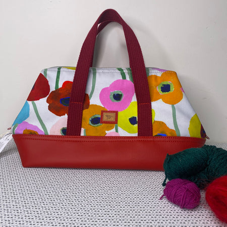 Project Bag - Red, Orange, Pink Floral with a Red Faux Leather Base