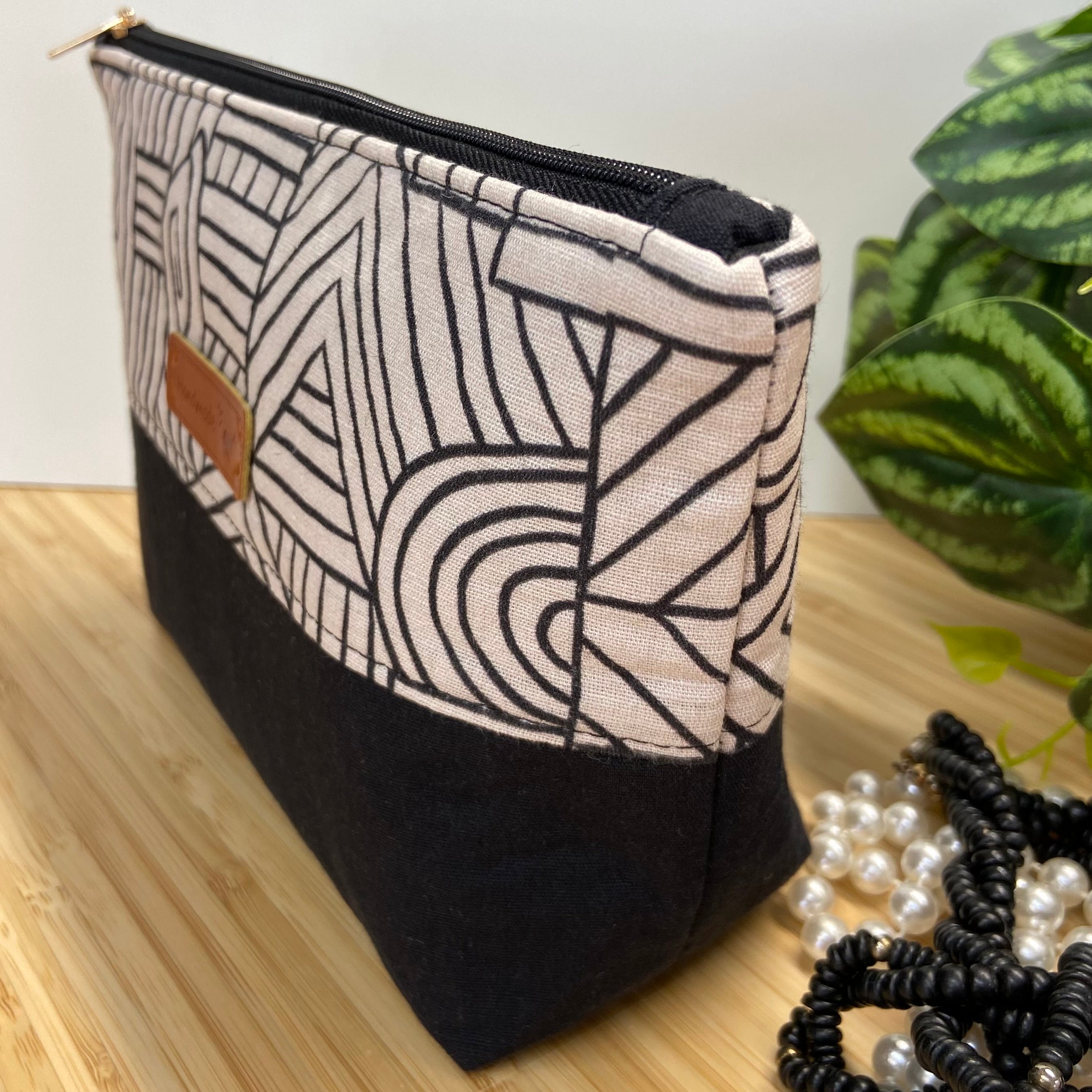 Zipper Pouch in Classic Black & Beige Geometric Print