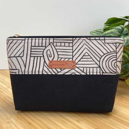 Zipper Pouch in Classic Black & Beige Geometric Print